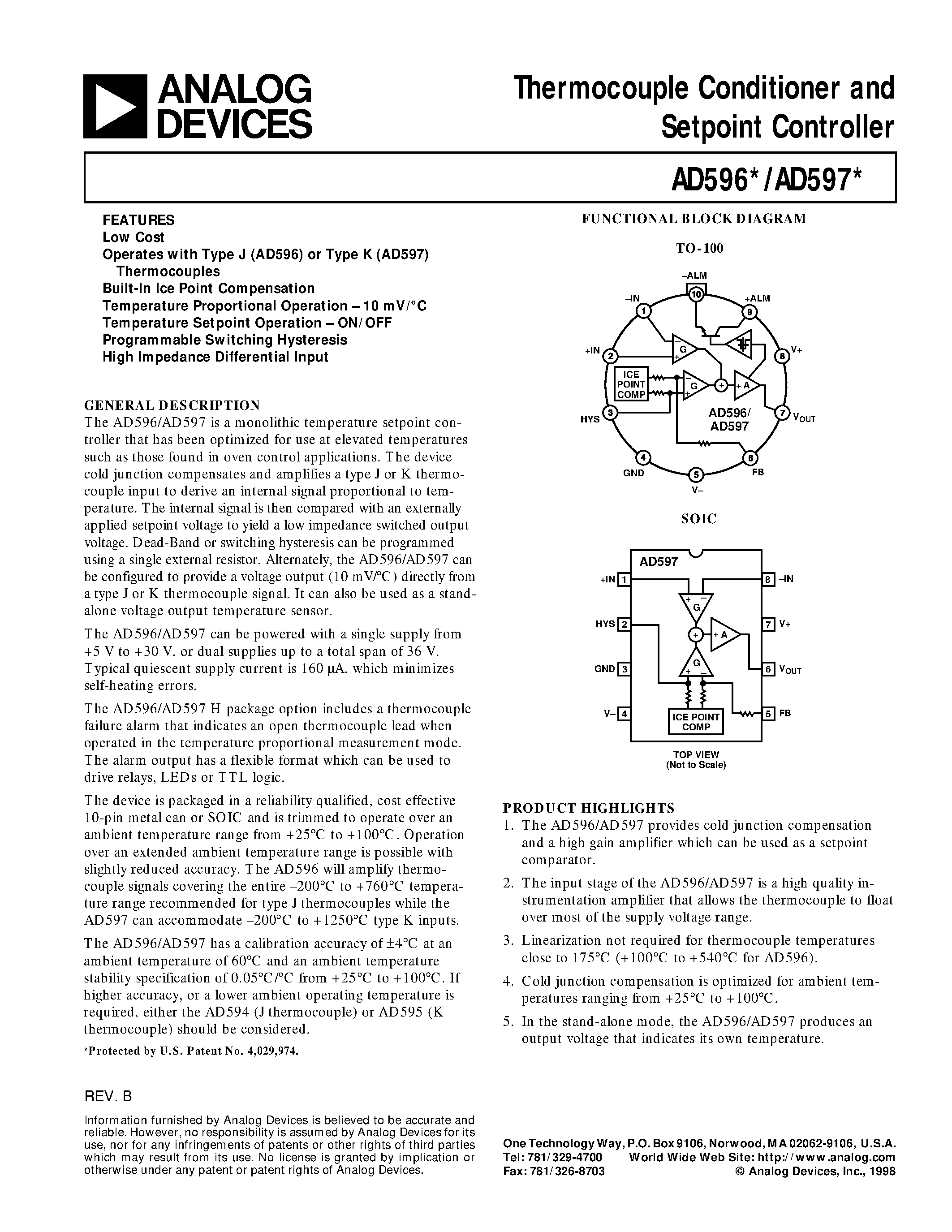 Даташит на микросхему AD596AH страница 1 Даташит AD596AH - Thermocouple Conditioner and Setpoint Controller страница 1