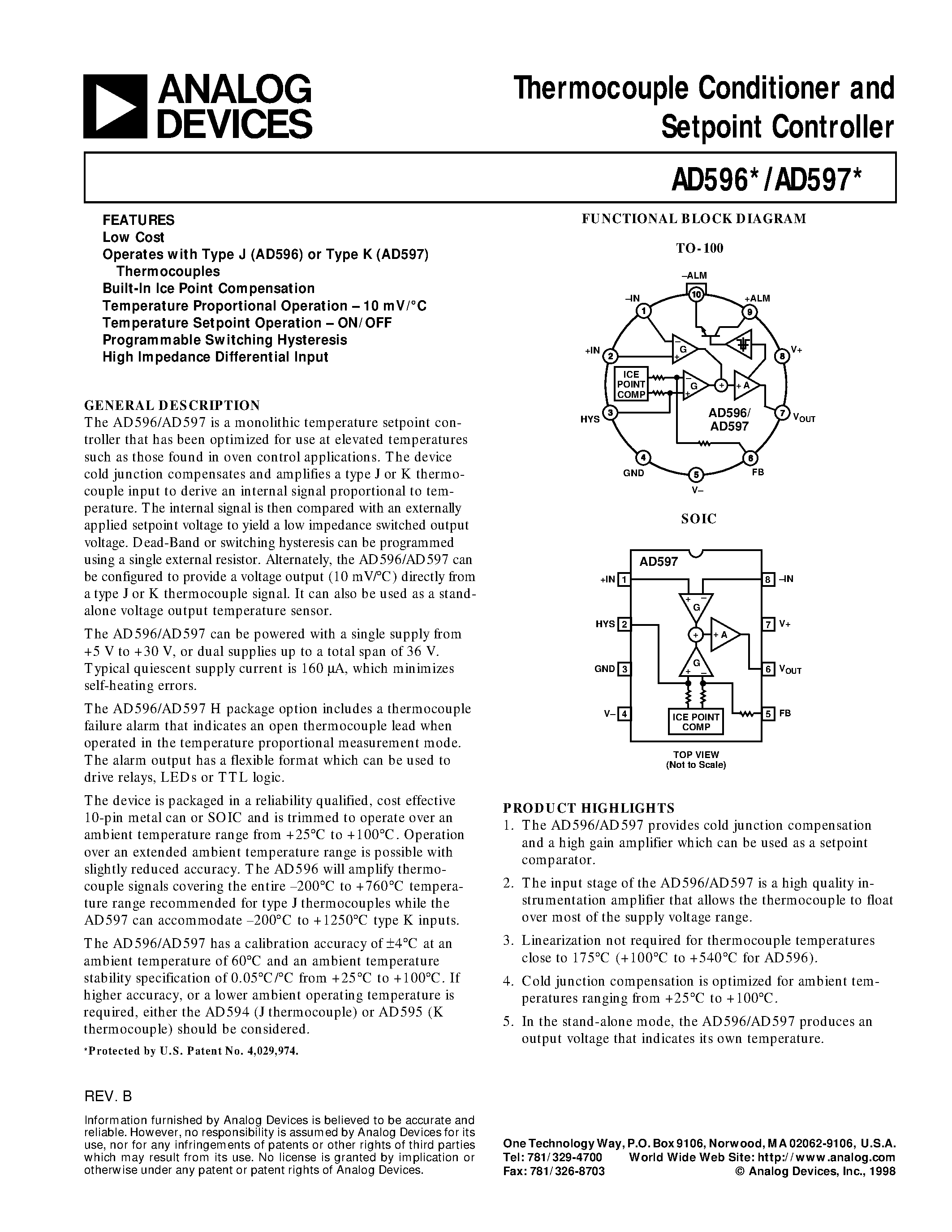 Datasheet AD597AH - Thermocouple Conditioner and Setpoint Controller page 1