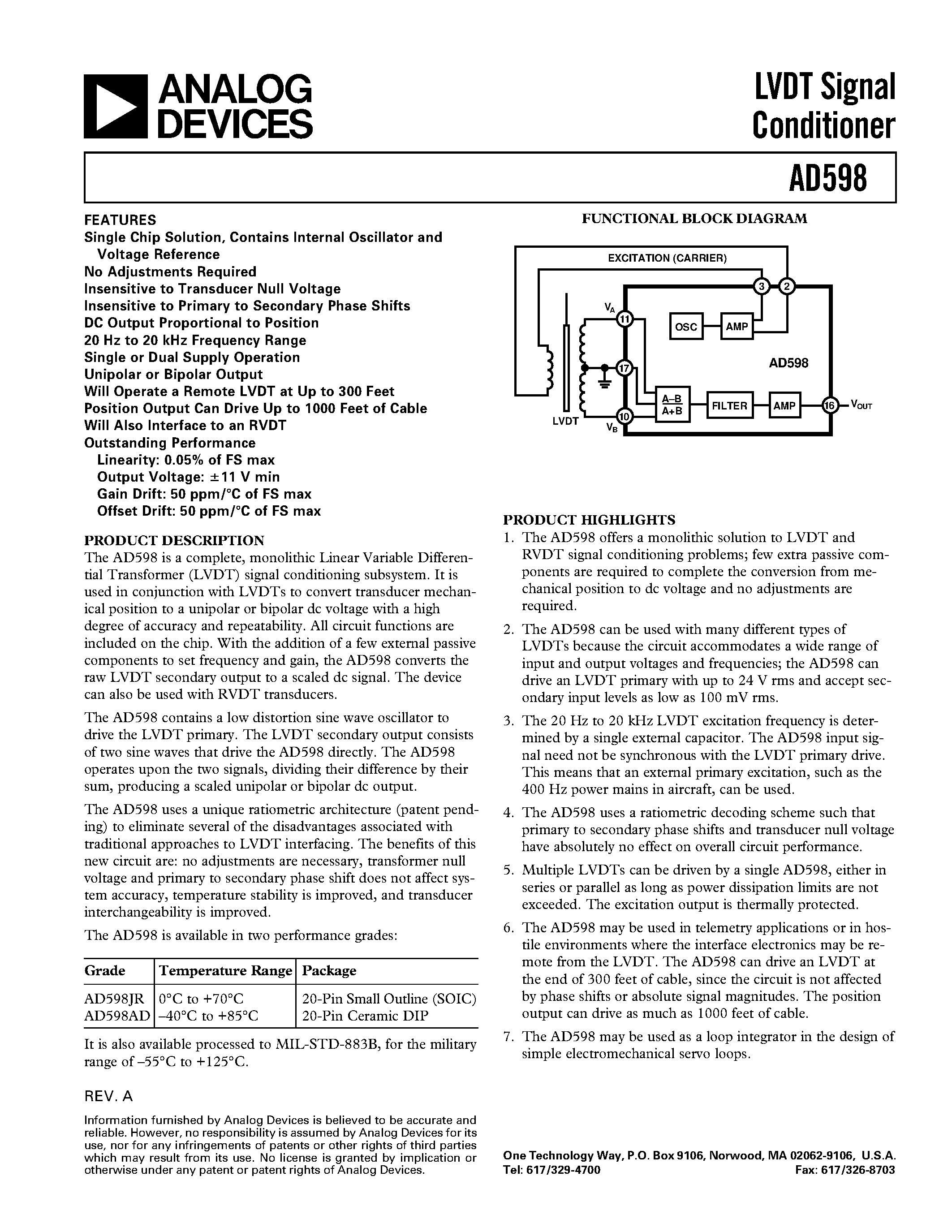 Datasheet AD598 - LVDT Signal Conditioner page 1