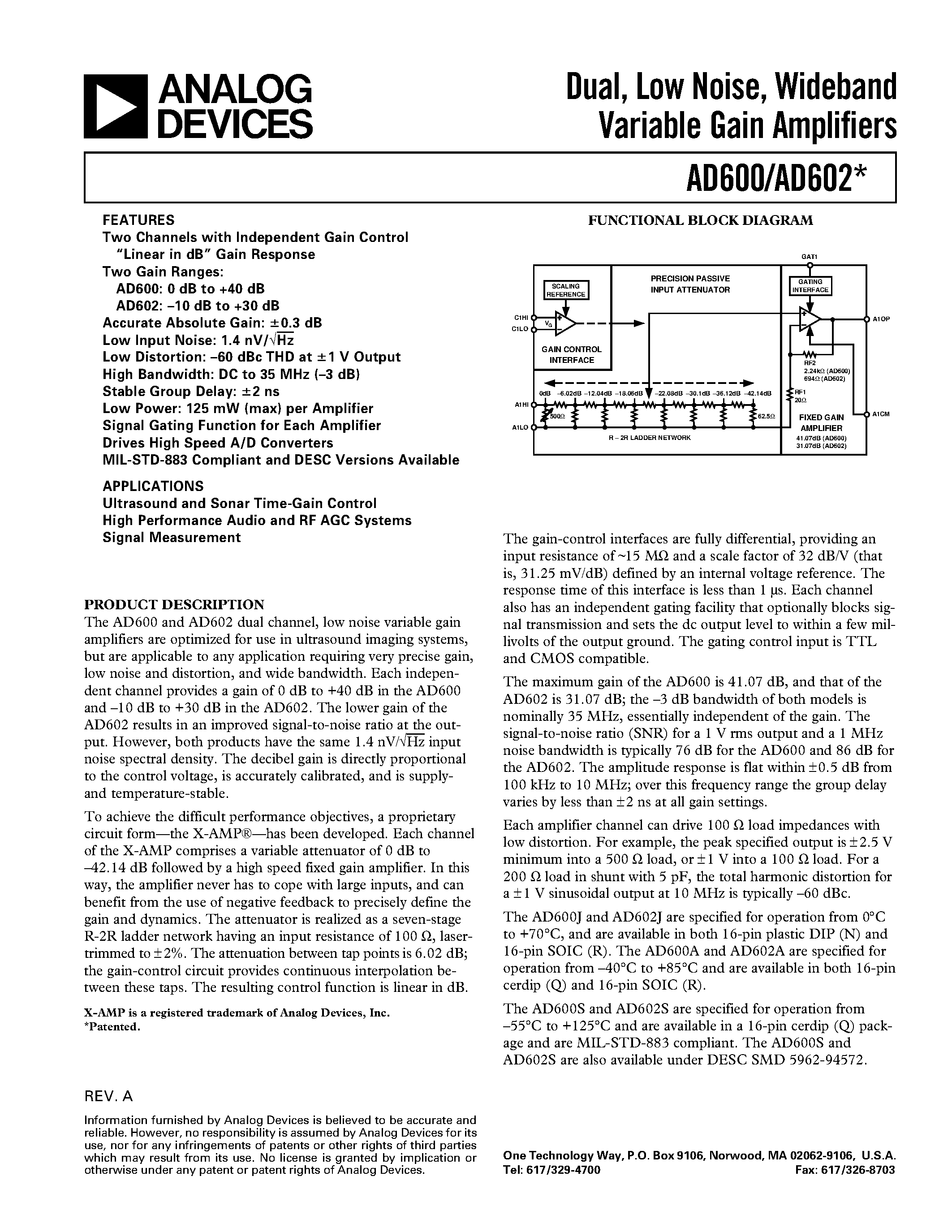 Datasheet AD602AR page 1 Datasheet AD602AR - Dual/ Low Noise/ Wideband Variable Gain Amplifiers page 1