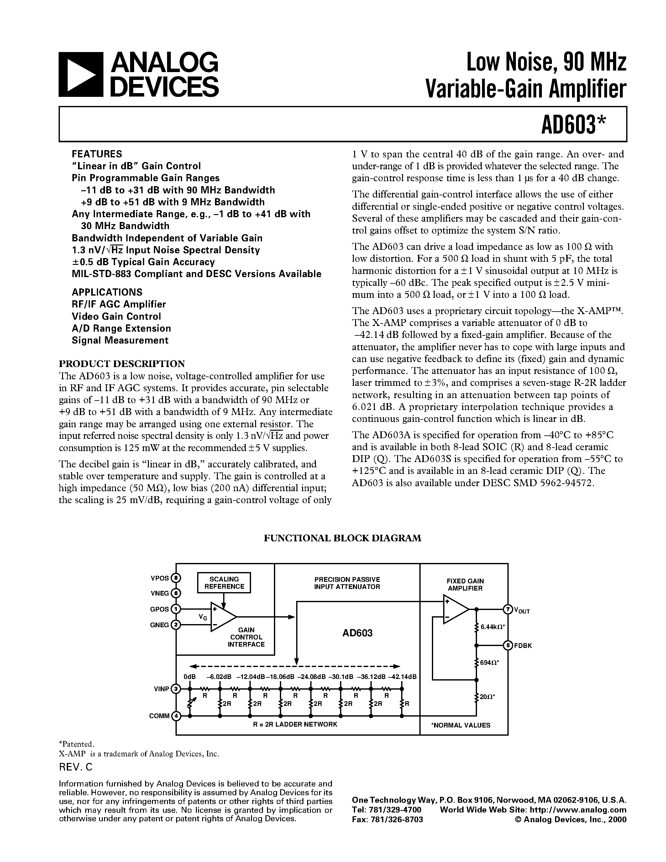 Даташит на микросхему AD603ACHIPS страница 1 Даташит AD603ACHIPS - Low Noise/ 90 MHz Variable-Gain Amplifier страница 1