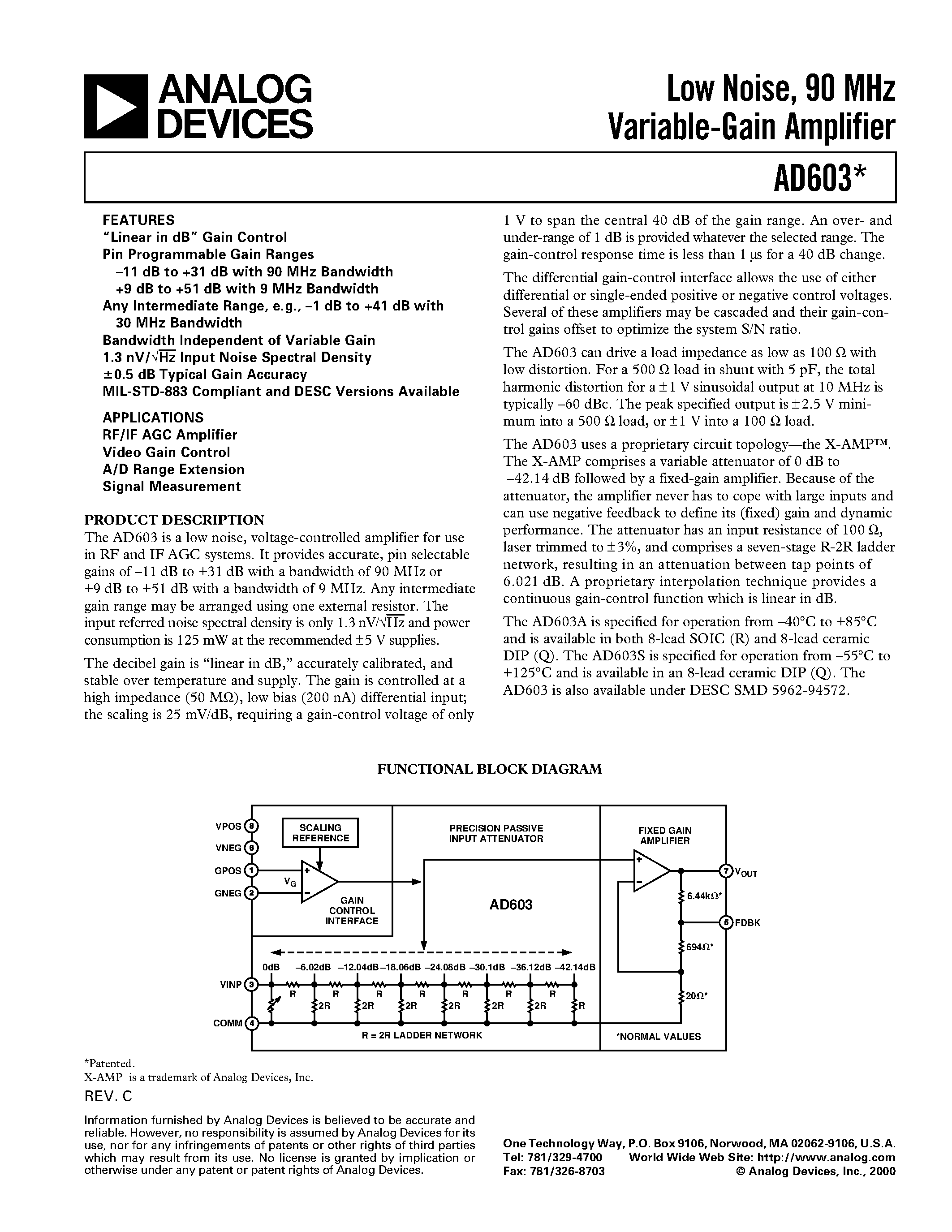 Datasheet AD603AR-REEL - Low Noise/ 90 MHz Variable-Gain Amplifier page 1