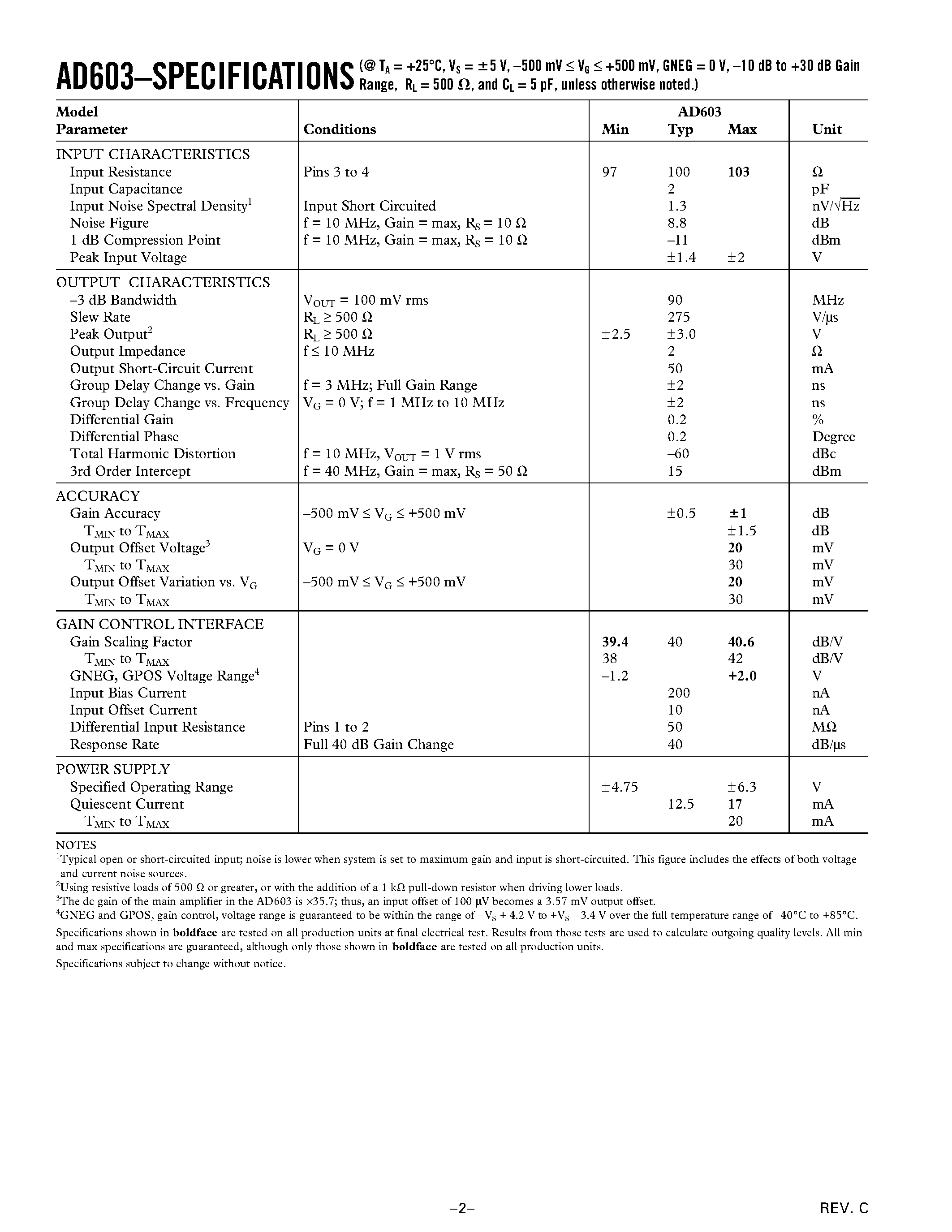 Datasheet AD603AR-REEL - Low Noise/ 90 MHz Variable-Gain Amplifier page 2