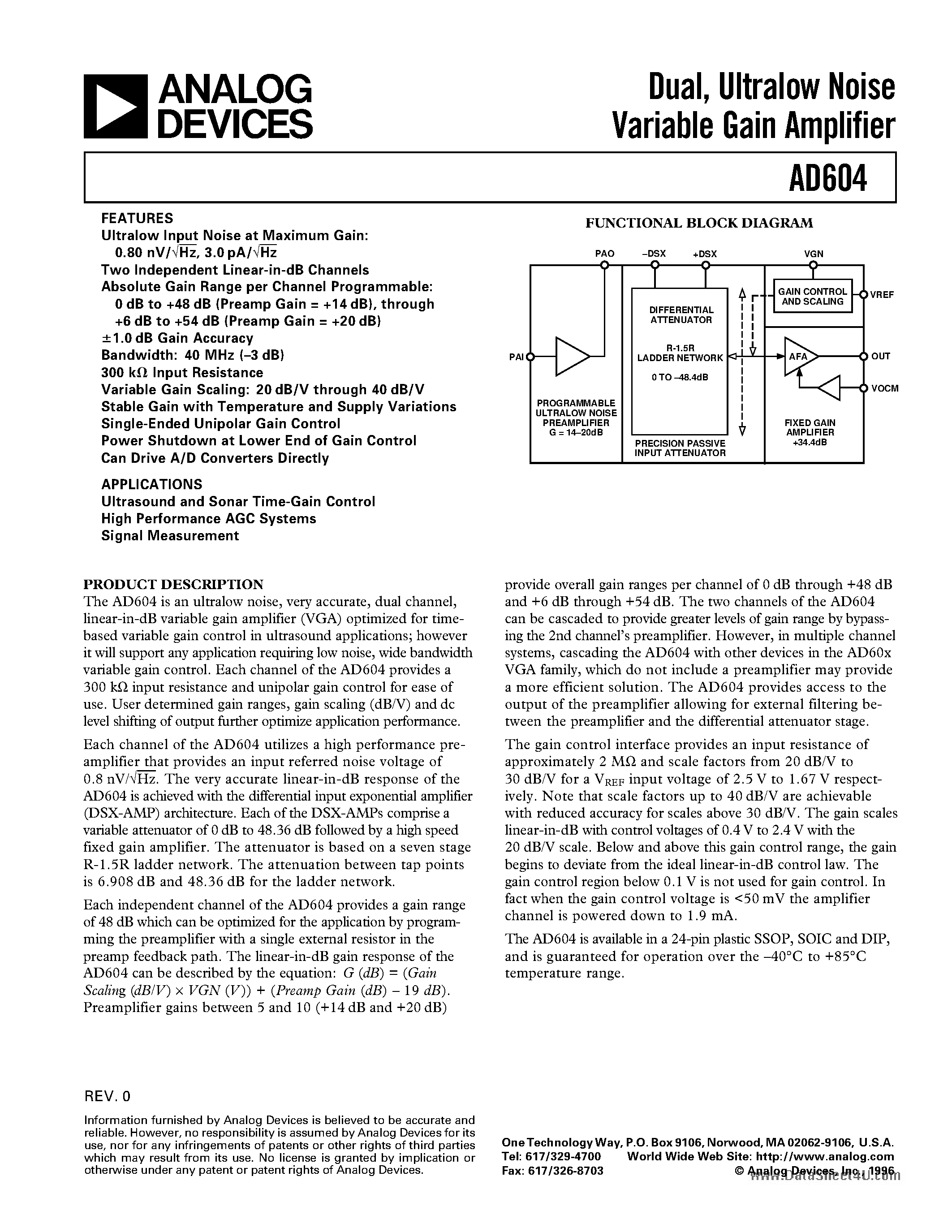 Datasheet AD604 - Dual/ Ultralow Noise Variable Gain Amplifier page 1