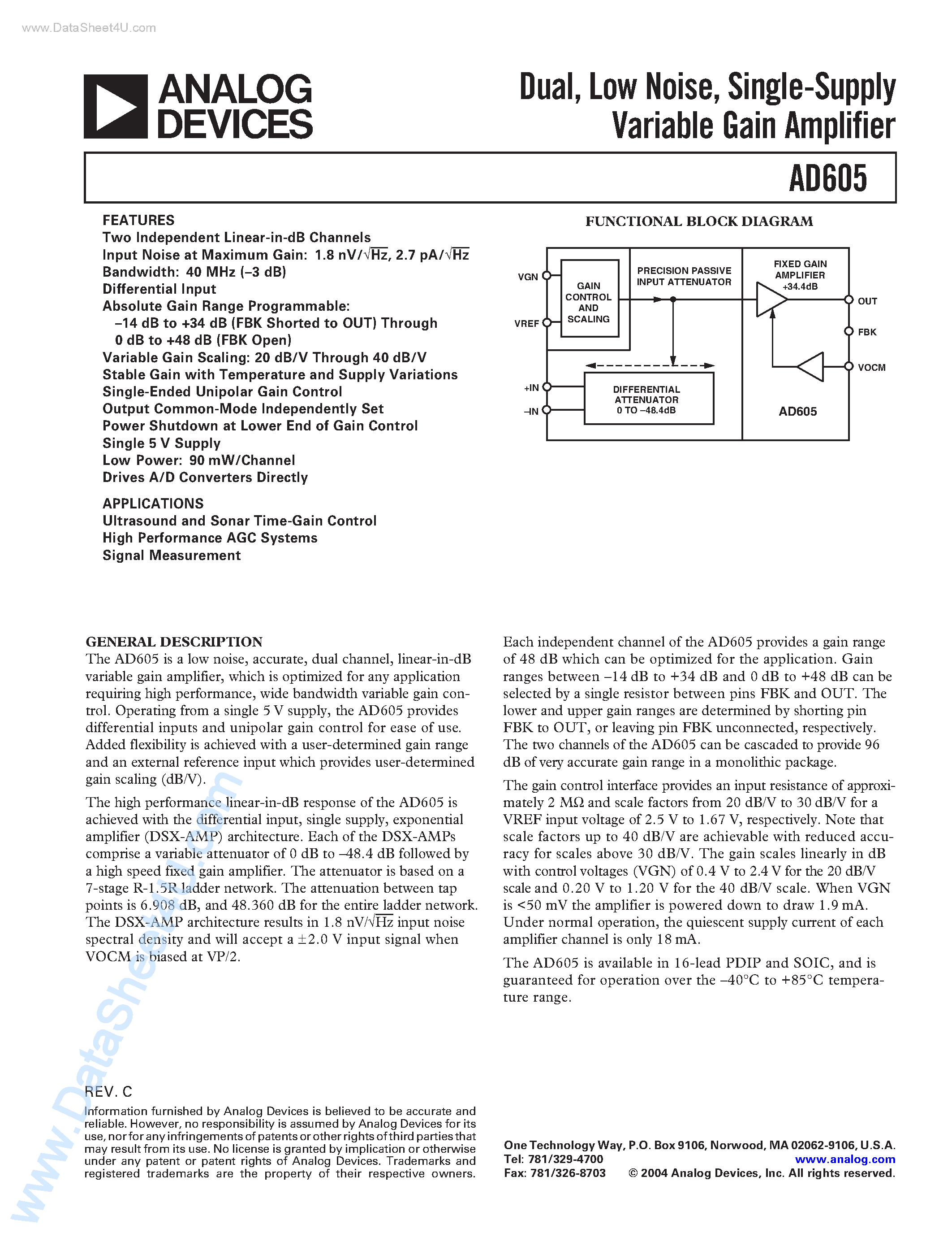 Datasheet AD605 - Dual/ Low Noise/ Single-Supply Variable Gain Amplifier page 1