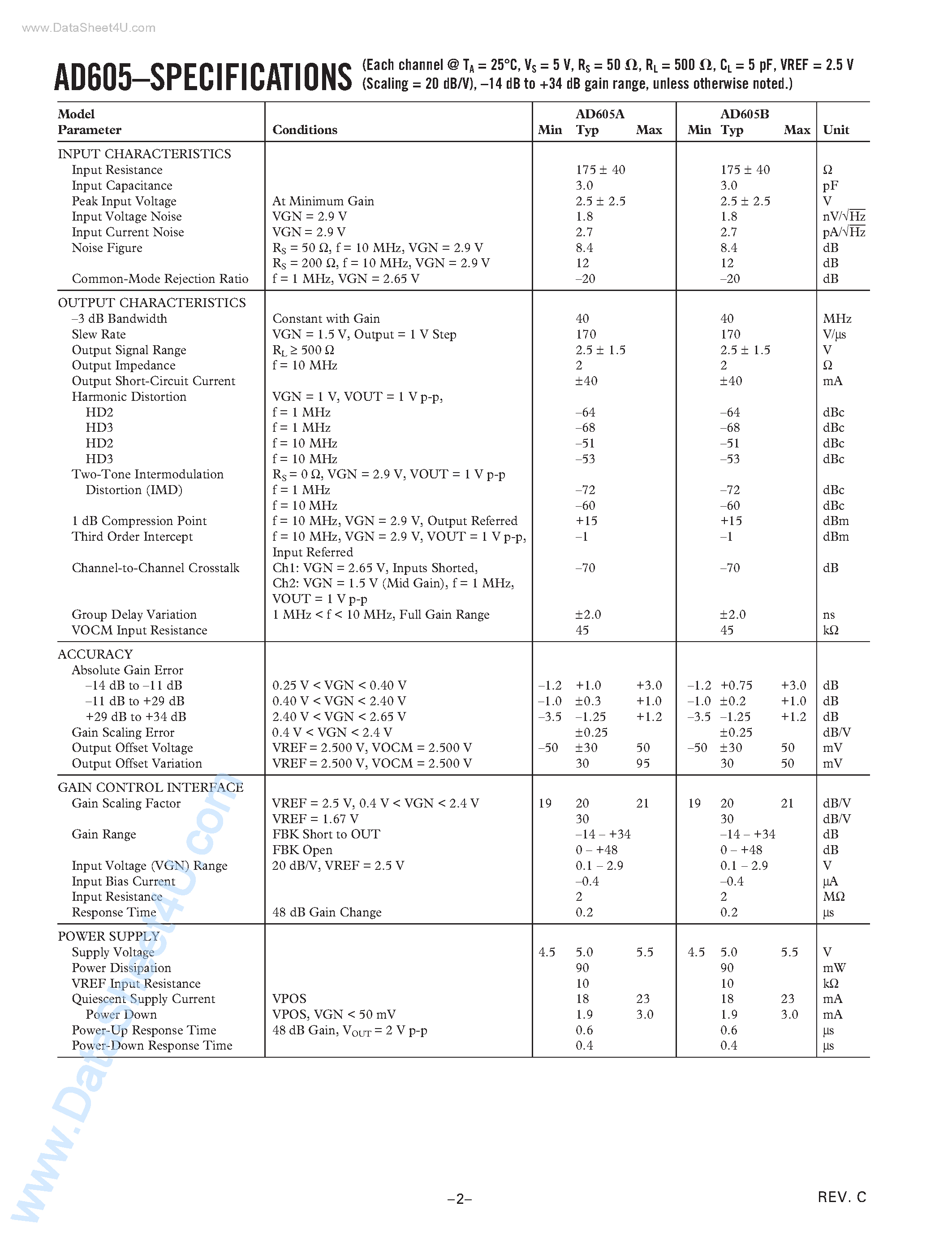 Datasheet AD605AN - Dual/ Low Noise/ Single-Supply Variable Gain Amplifier page 2