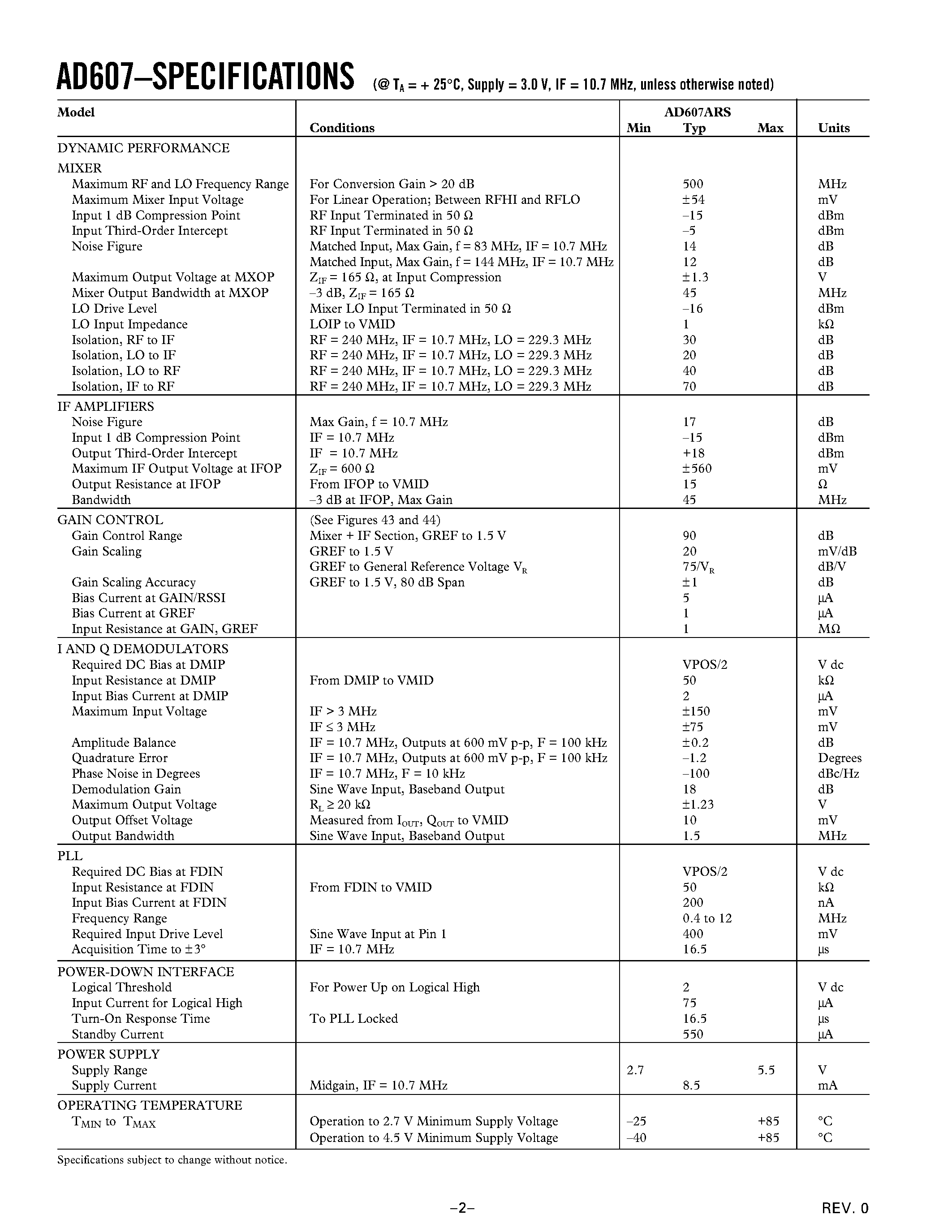 Datasheet AD607 - Low Power Mixer/AGC/RSSI 3 V Receiver IF Subsystem page 2
