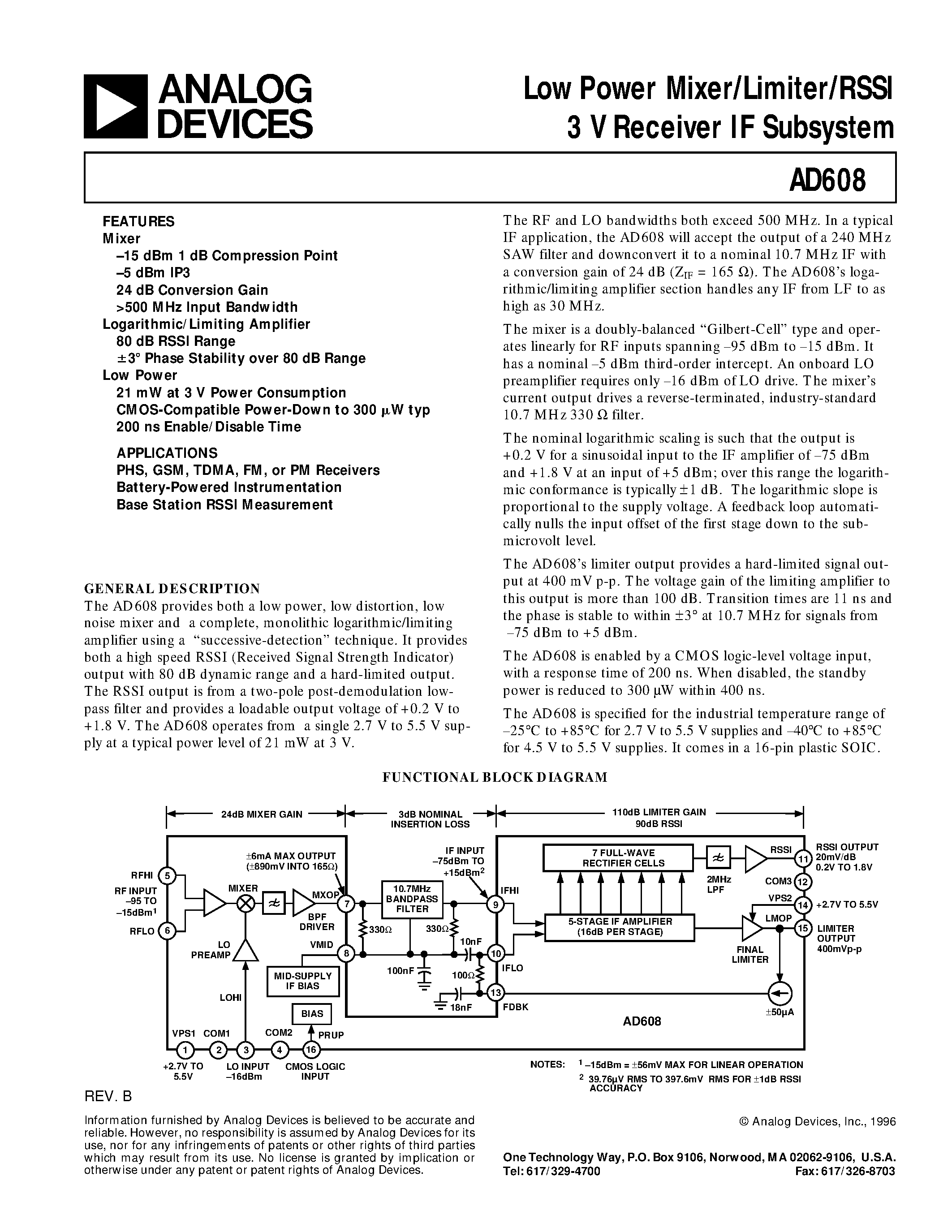 Datasheet AD608 - Low Power Mixer/Limiter/RSSI 3 V Receiver IF Subsystem page 1