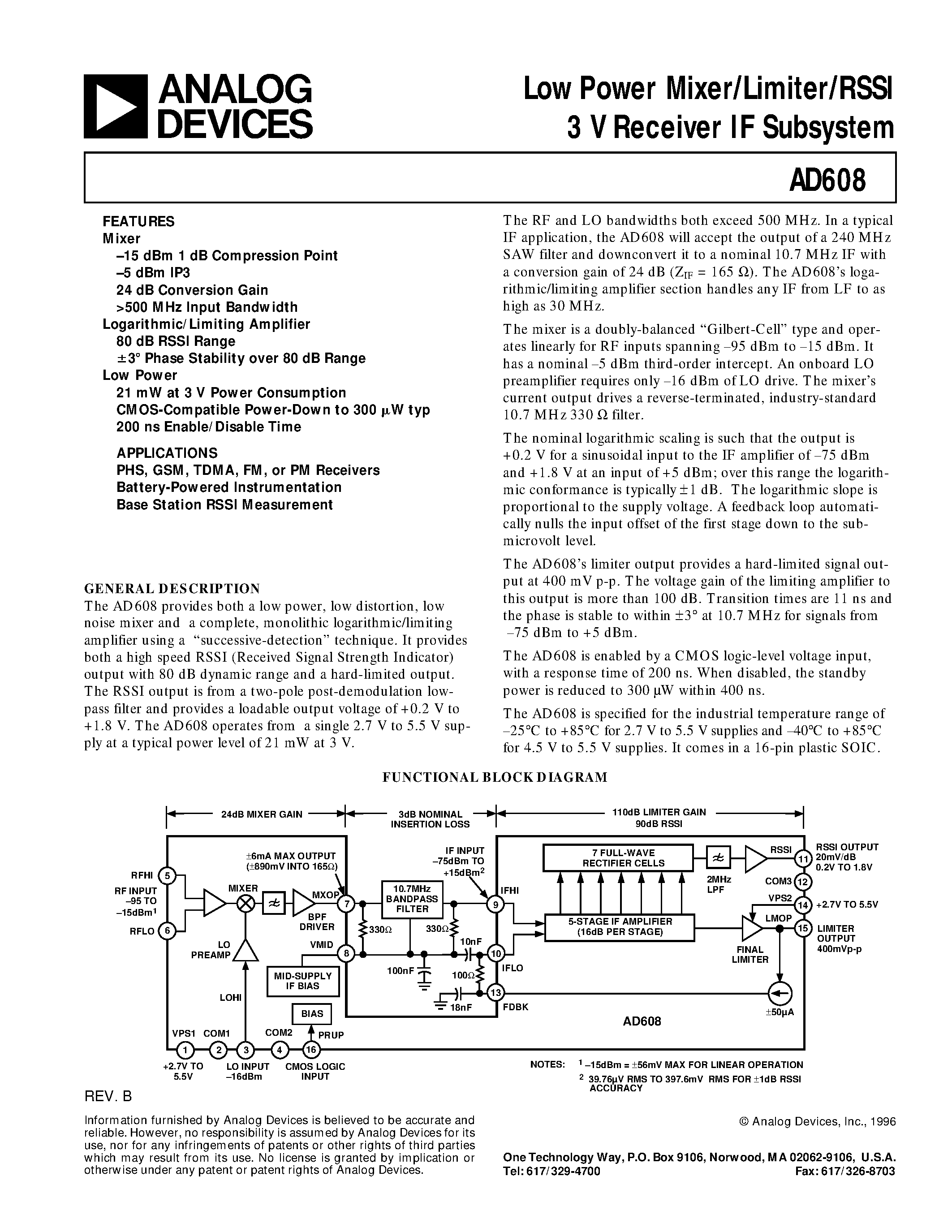 Даташит AD608 - Low Power Mixer/Limiter/RSSI 3 V Receiver IF Subsystem страница 1