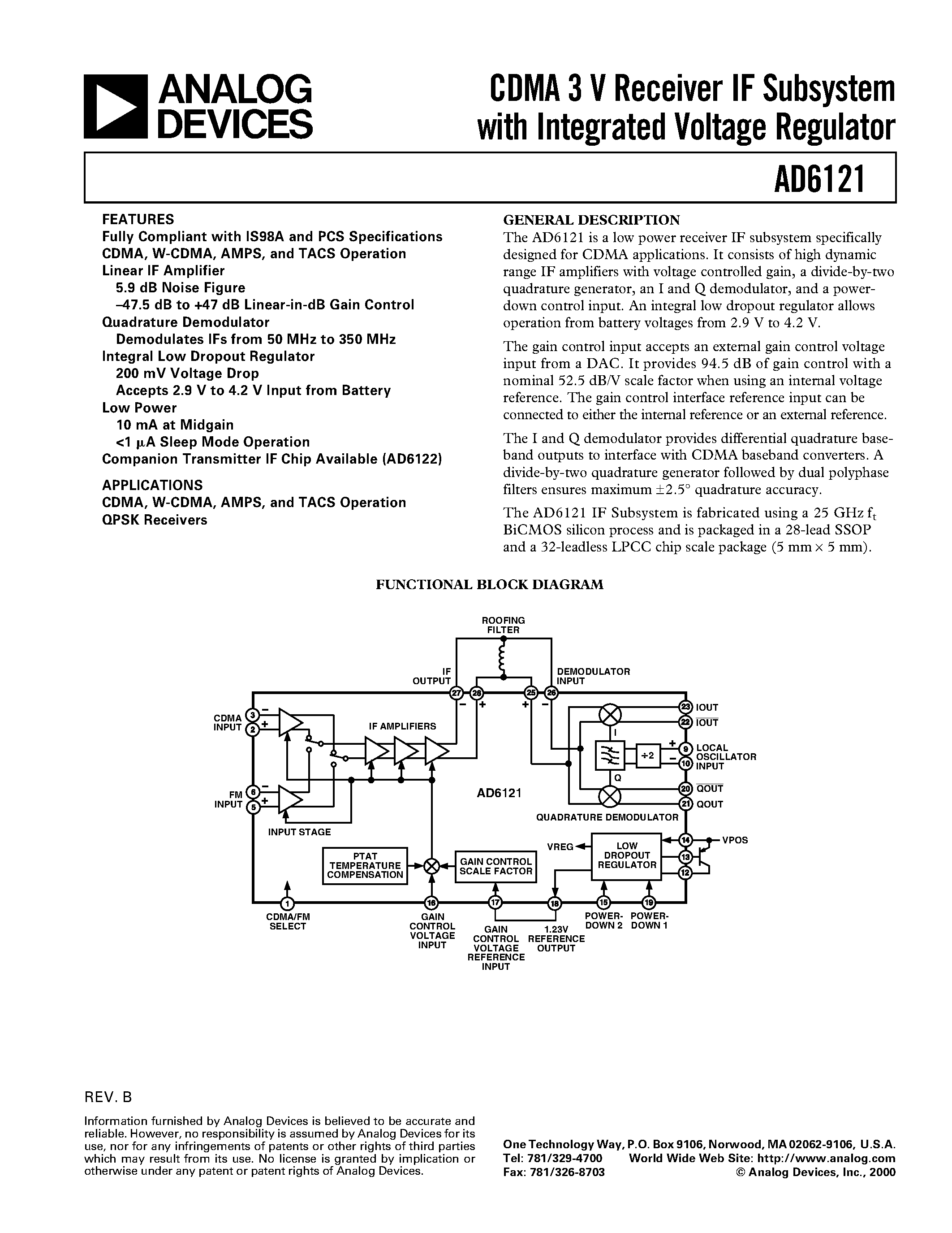 Даташит AD6121 - CDMA 3 V Receiver IF Subsystem with Integrated Voltage Regulator страница 1