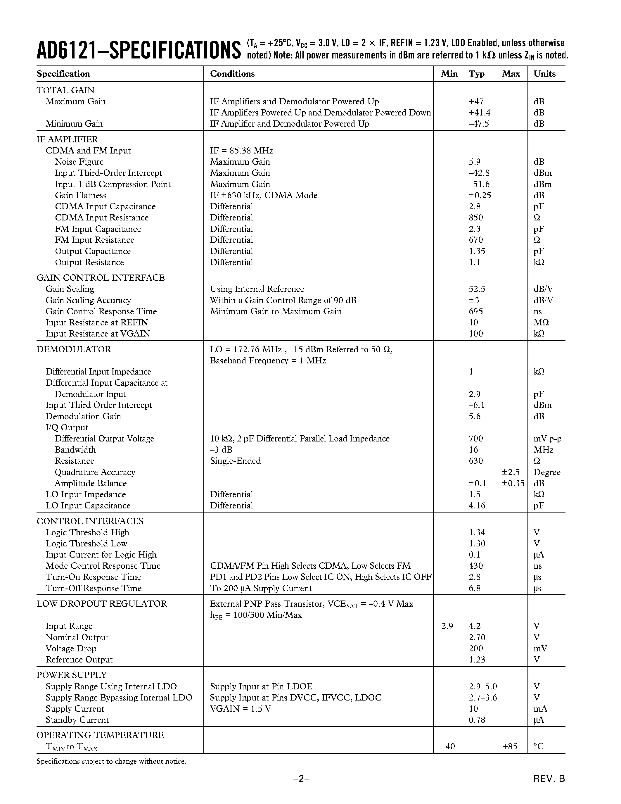 Datasheet AD6121ARS page 2 Datasheet AD6121ARS - CDMA 3 V Receiver IF Subsystem with Integrated Voltage Regulator page 2