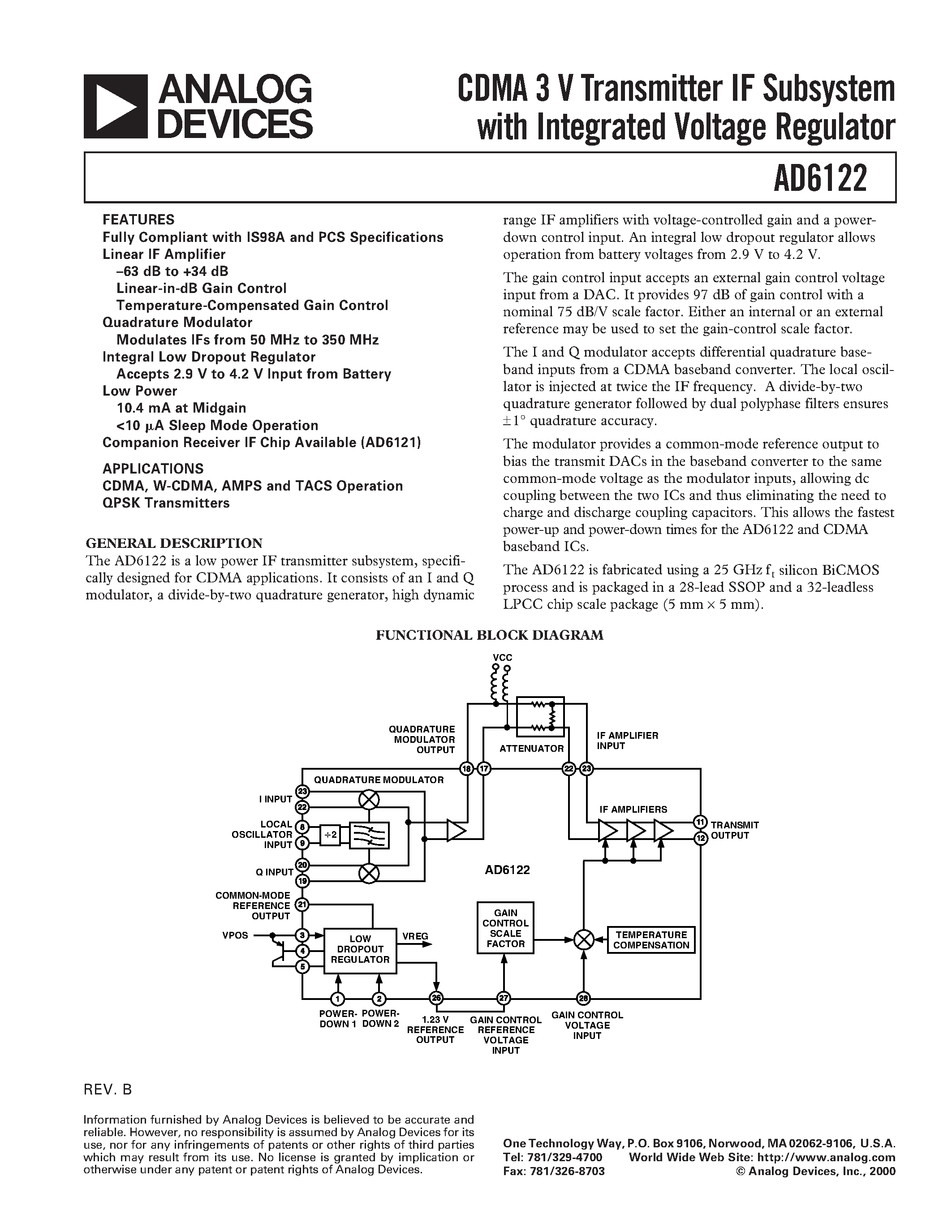Datasheet AD6122ACPRL - CDMA 3 V Transmitter IF Subsystem with Integrated Voltage Regulator page 1