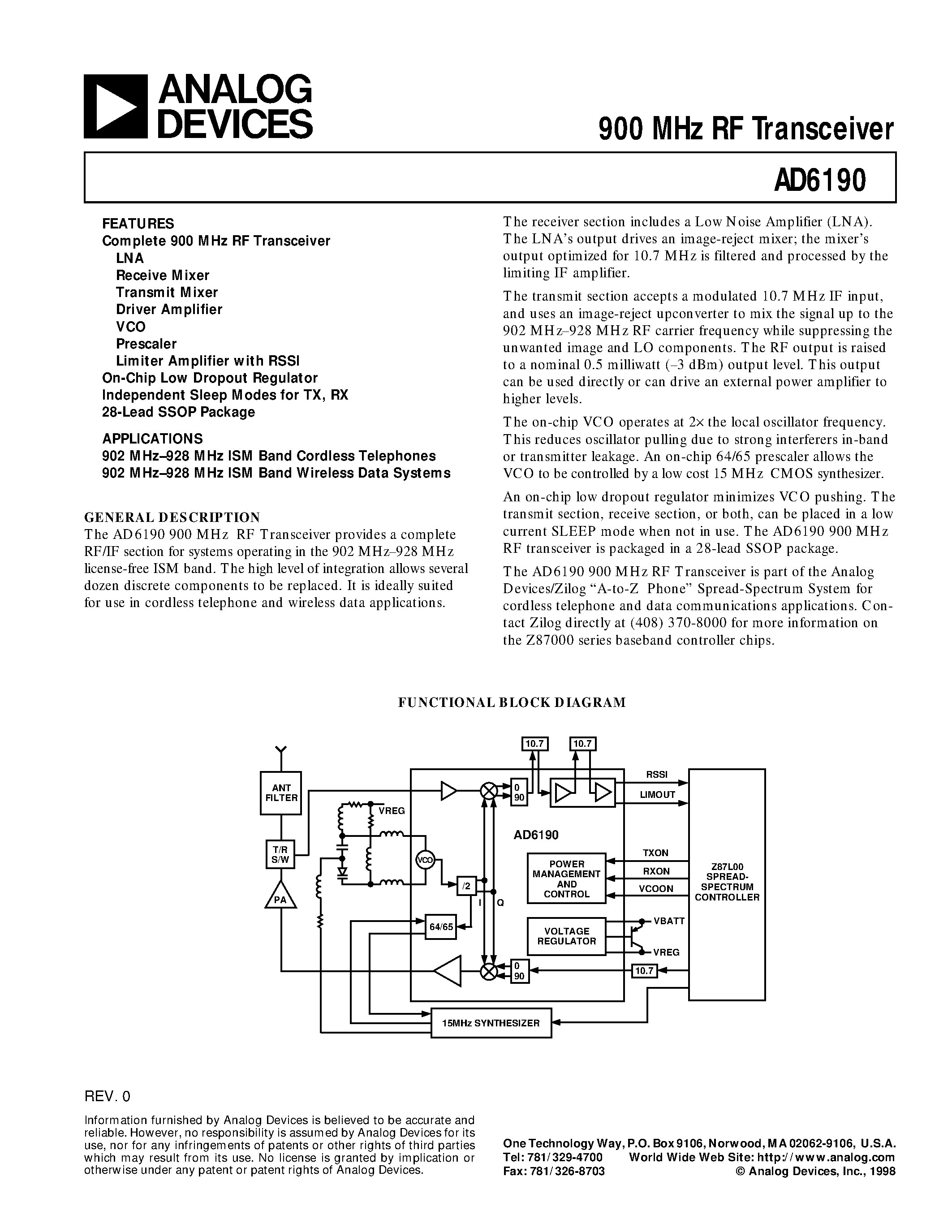 Datasheet AD6190ARS page 1 Datasheet AD6190ARS - 900 MHz RF Transceiver page 1
