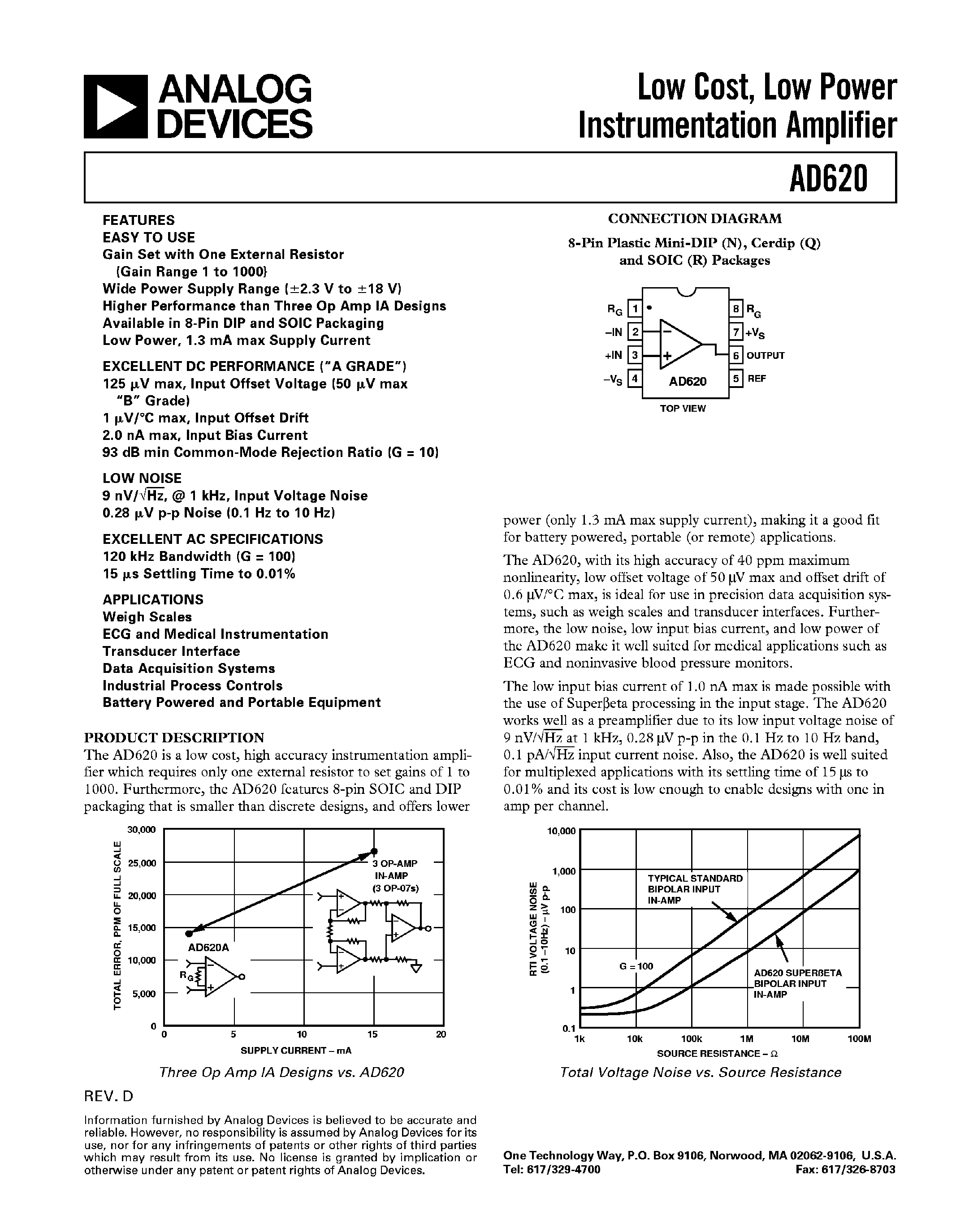 Datasheet AD620A - Low Cost/ Low Power Instrumentation Amplifier page 1