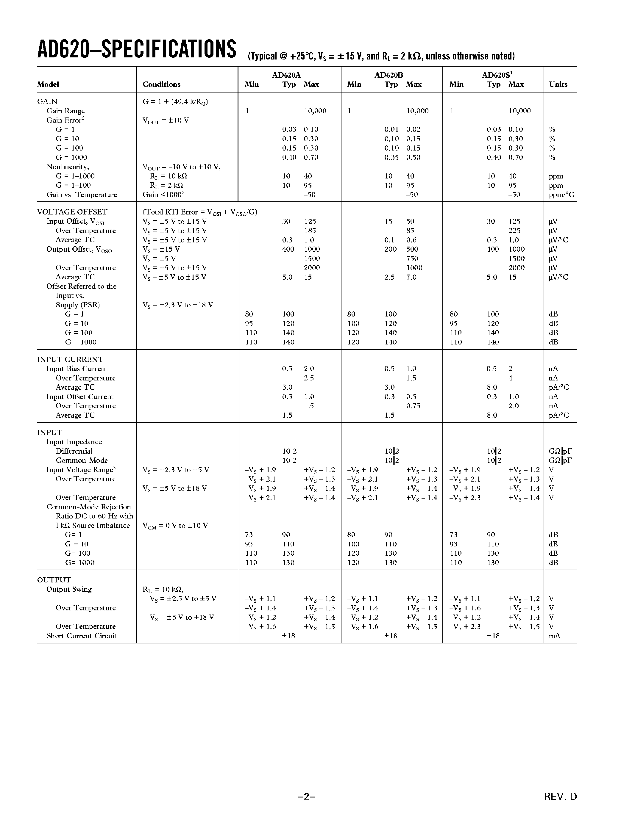 Datasheet AD620B - Low Cost/ Low Power Instrumentation Amplifier page 2