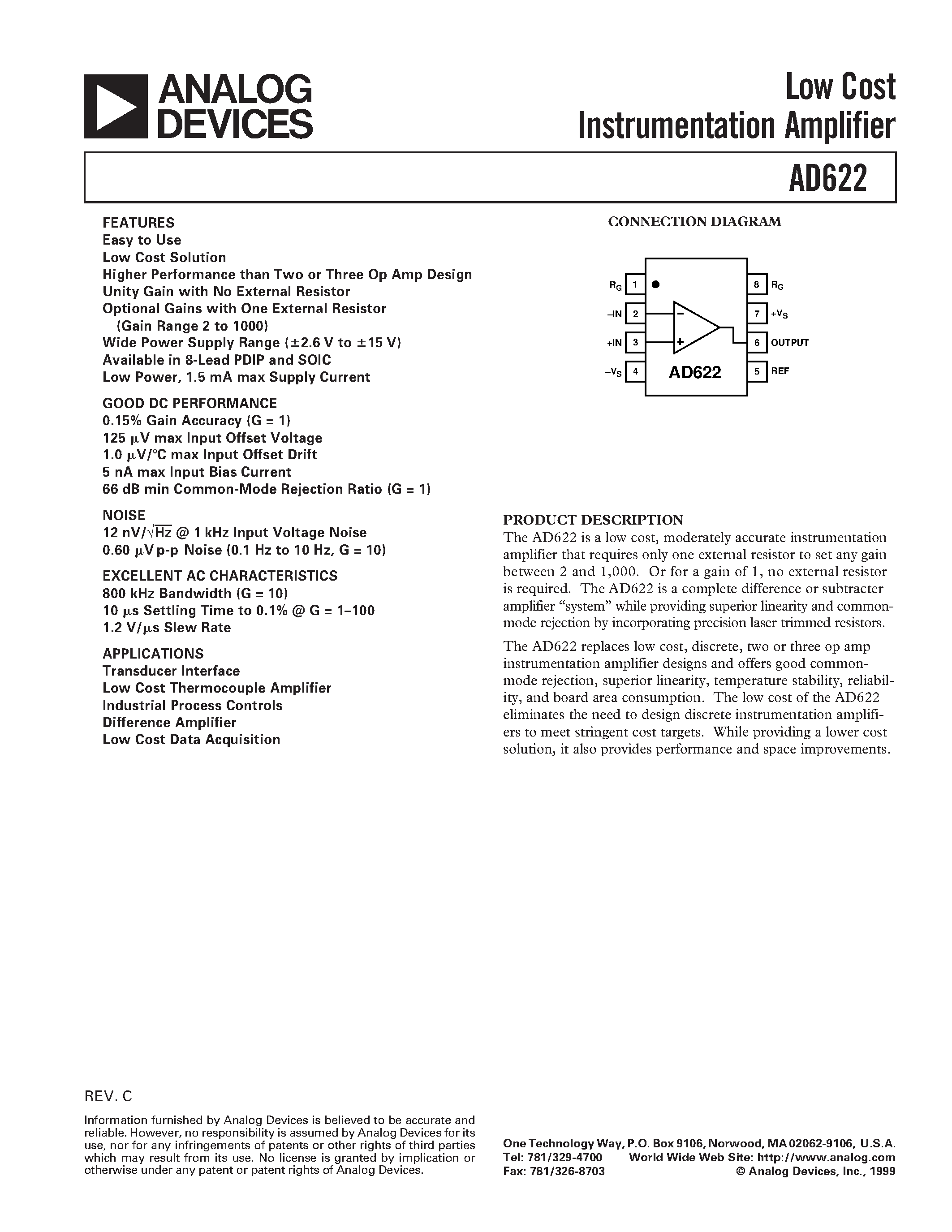 Datasheet AD622AR - Low Cost Instrumentation Amplifier page 1