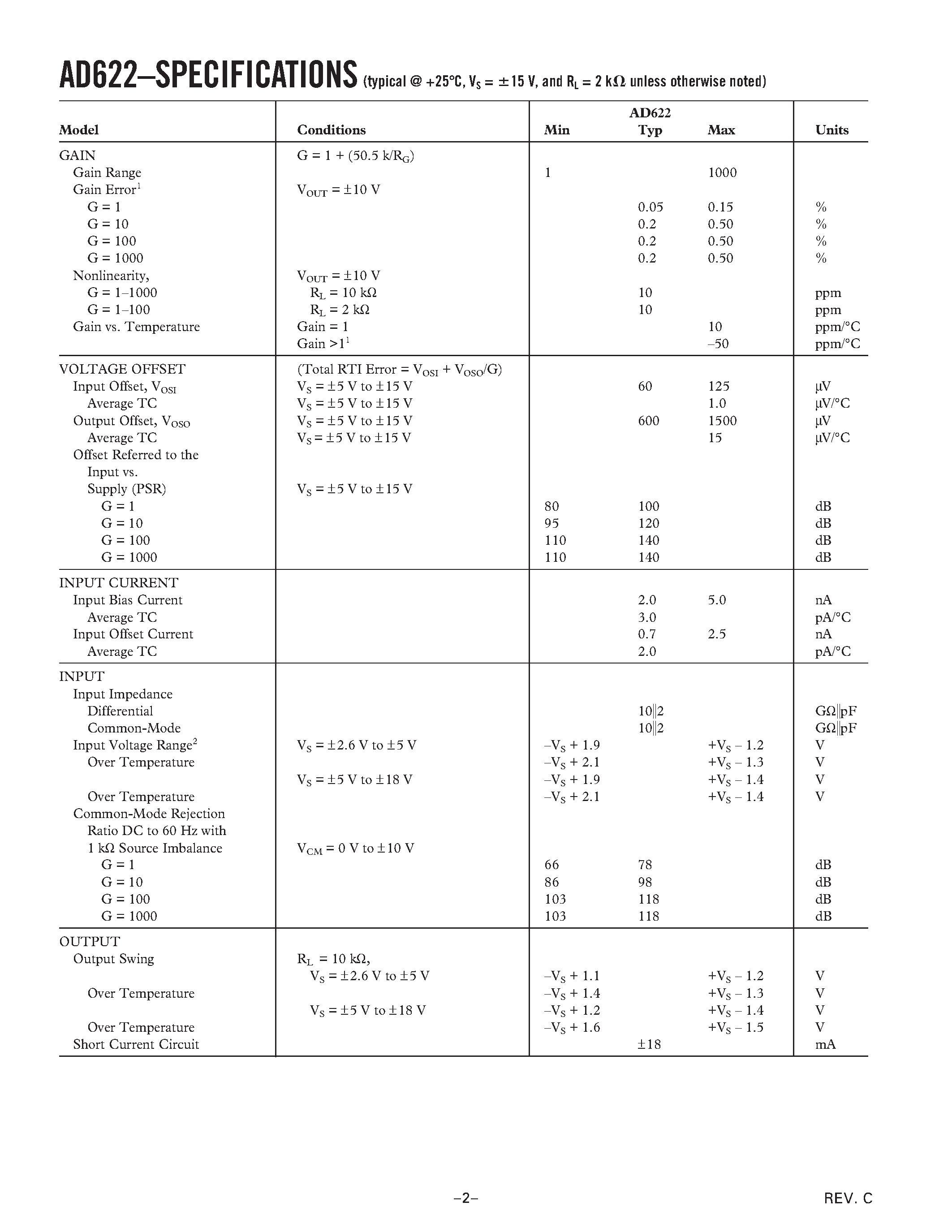Datasheet AD622AR-REEL - Low Cost Instrumentation Amplifier page 2