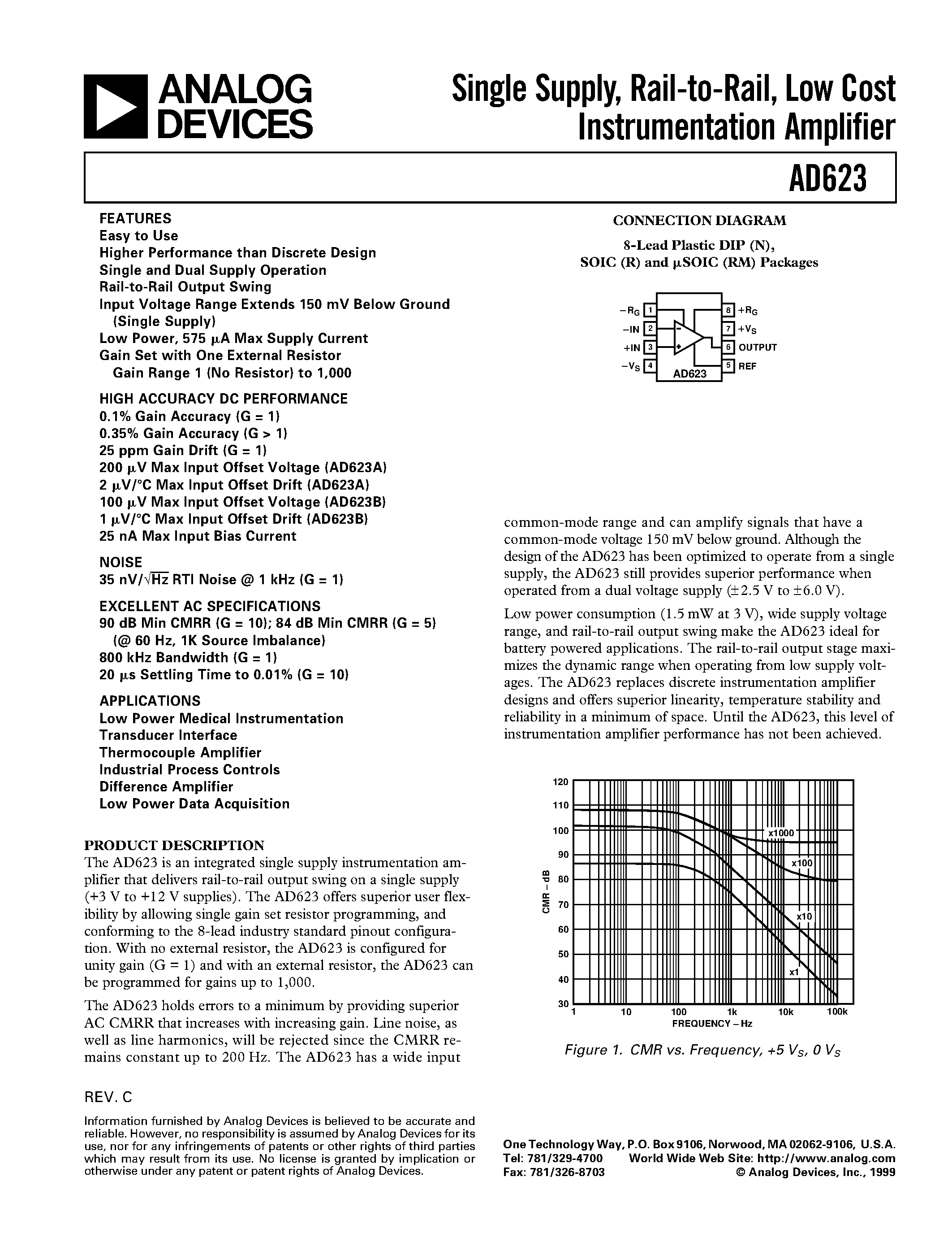 Datasheet AD623 page 1 Datasheet AD623 - Single Supply/ Rail-to-Rail/ Low Cost Instrumentation Amplifier page 1