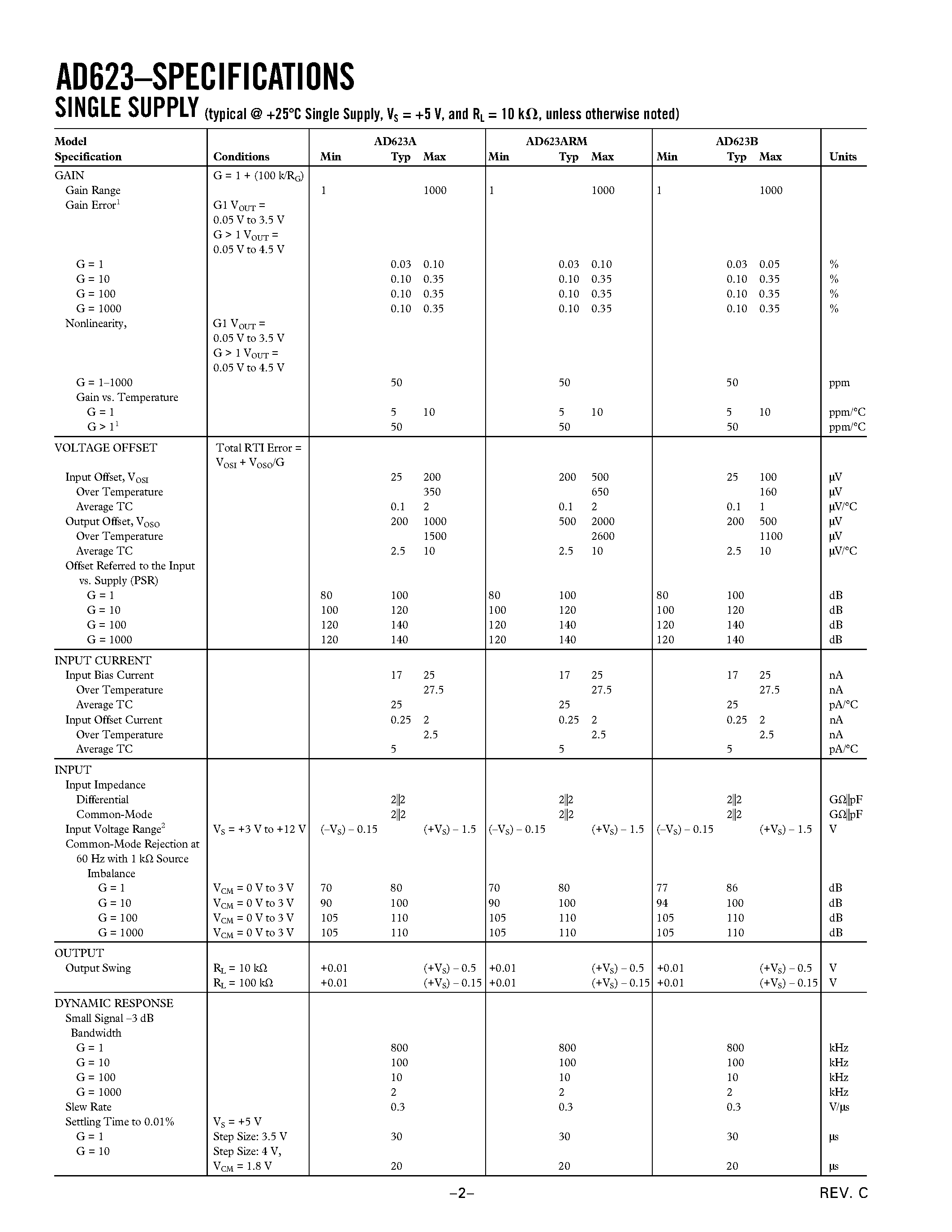 Datasheet AD623AR-REEL7 - Single Supply/ Rail-to-Rail/ Low Cost Instrumentation Amplifier page 2