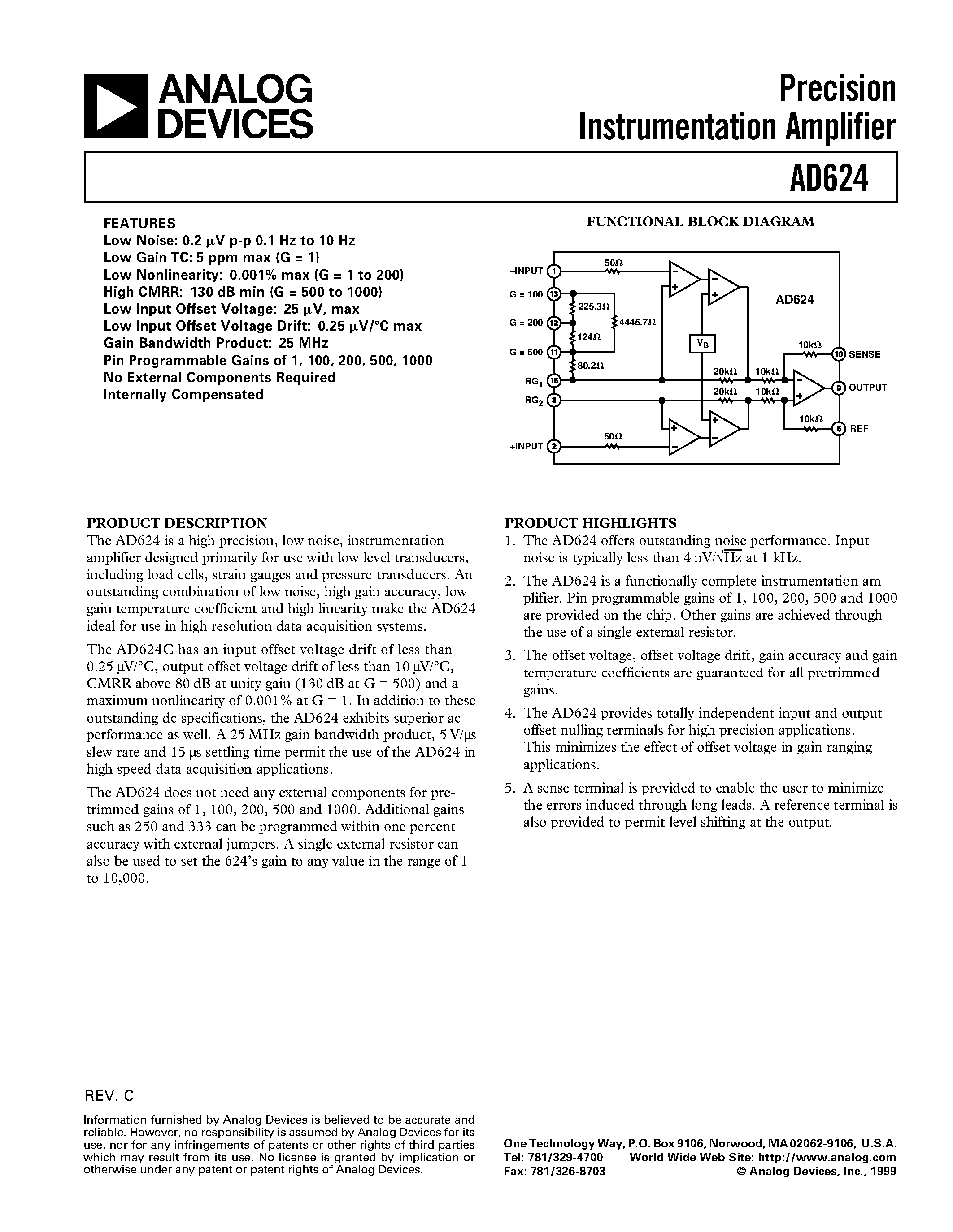 Datasheet AD624SD page 1 Datasheet AD624SD - Precision Instrumentation Amplifier page 1
