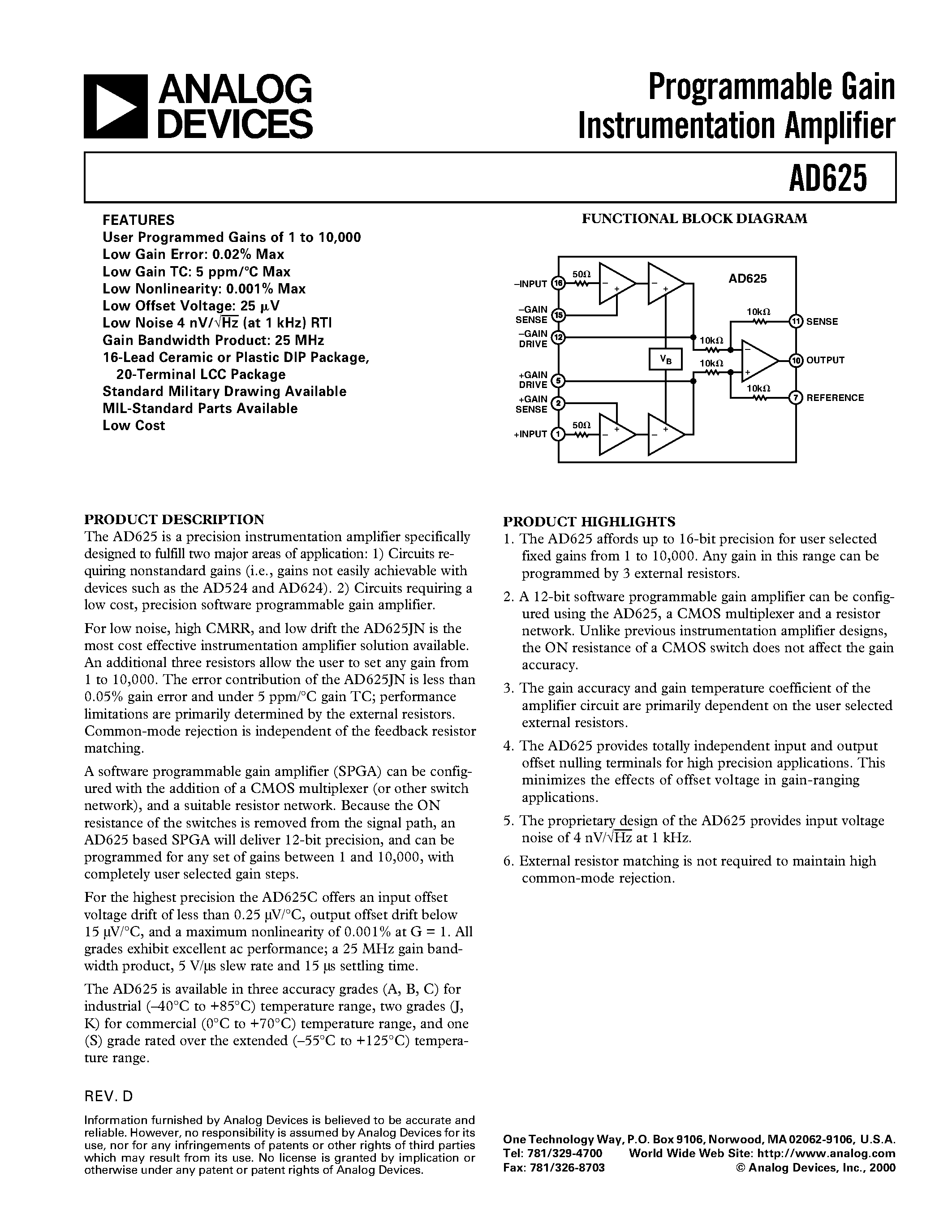 Datasheet AD625S - Programmable Gain Instrumentation Amplifier page 1