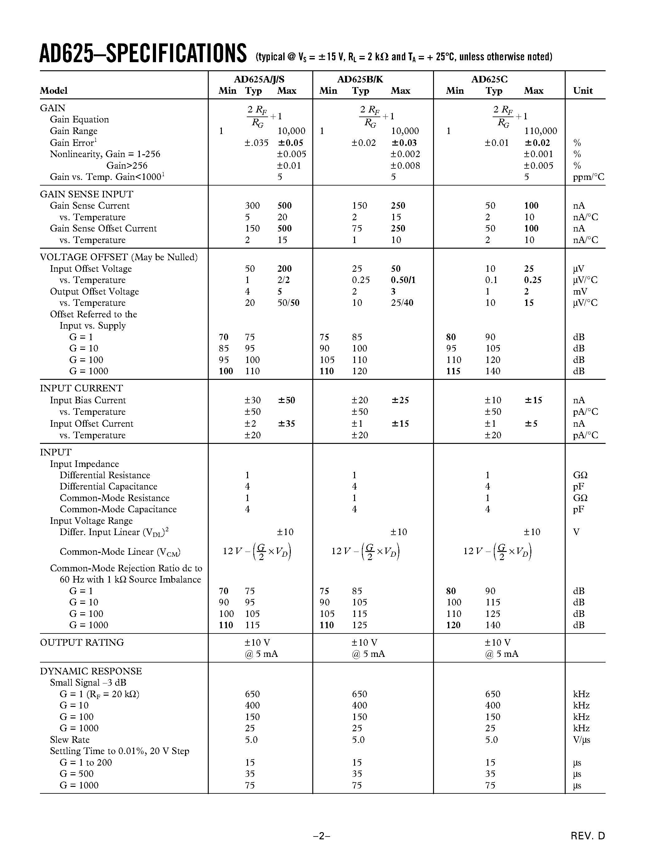 Datasheet AD625SE - Programmable Gain Instrumentation Amplifier page 2