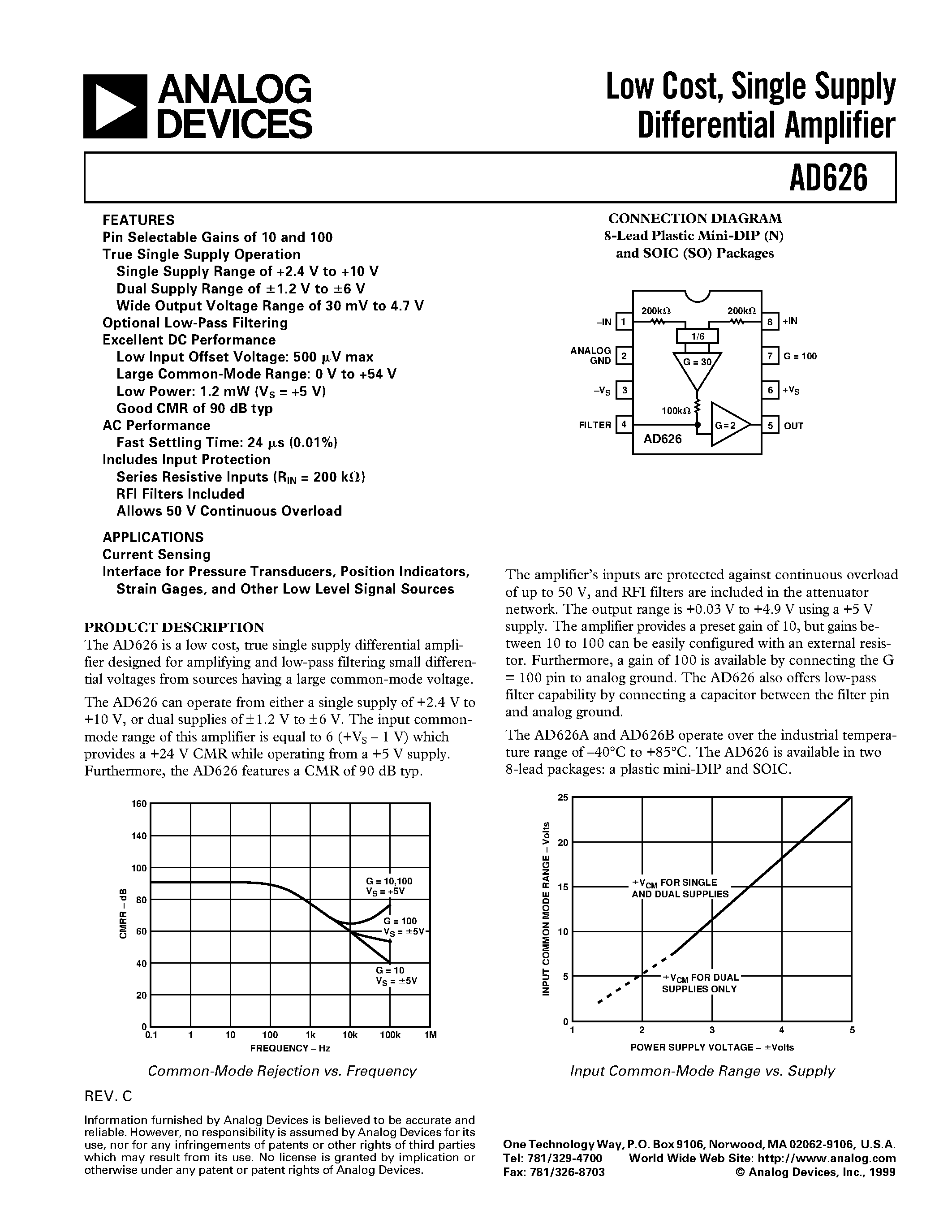 Datasheet AD626A - Low Cost/ Single Supply Differential Amplifier page 1