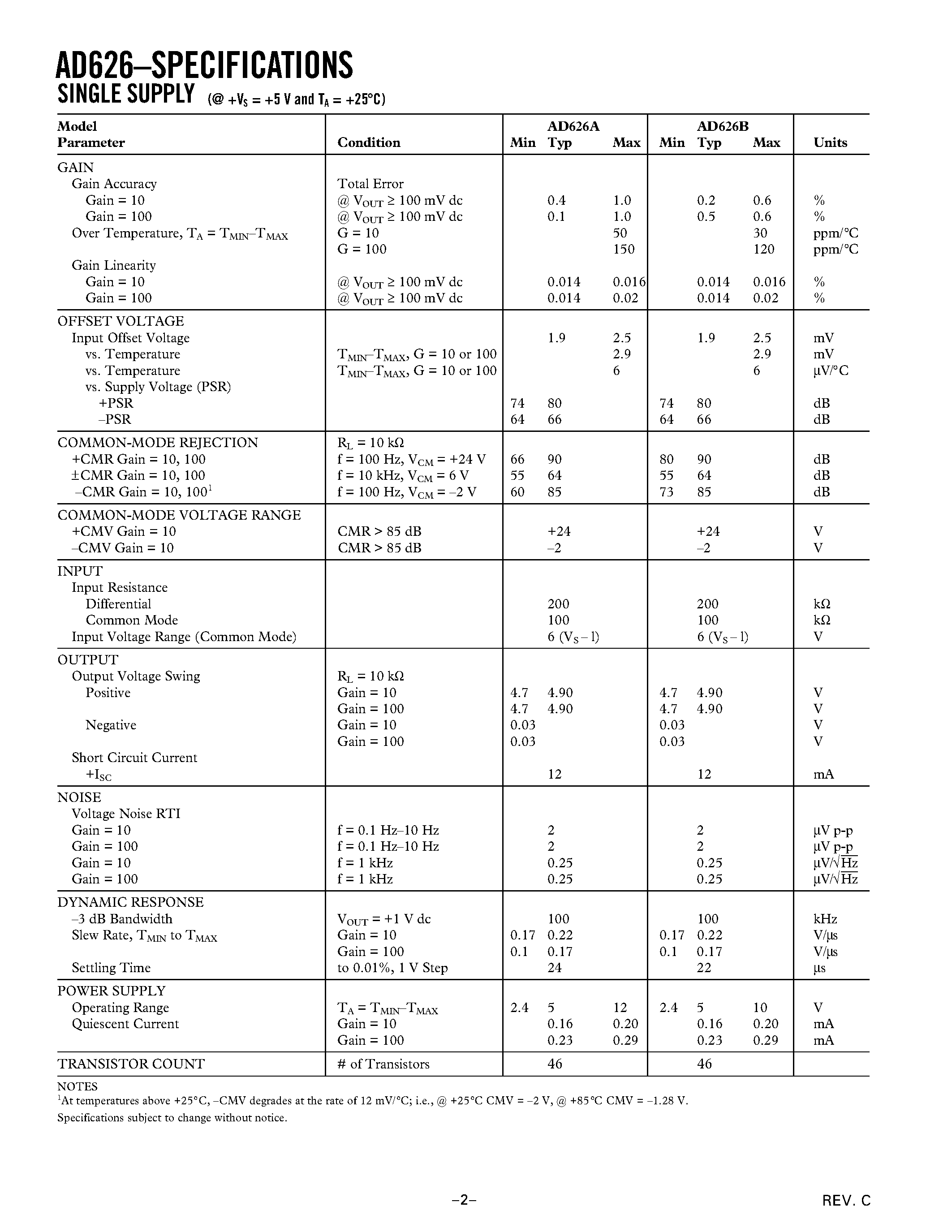 Datasheet AD626AN - Low Cost/ Single Supply Differential Amplifier page 2