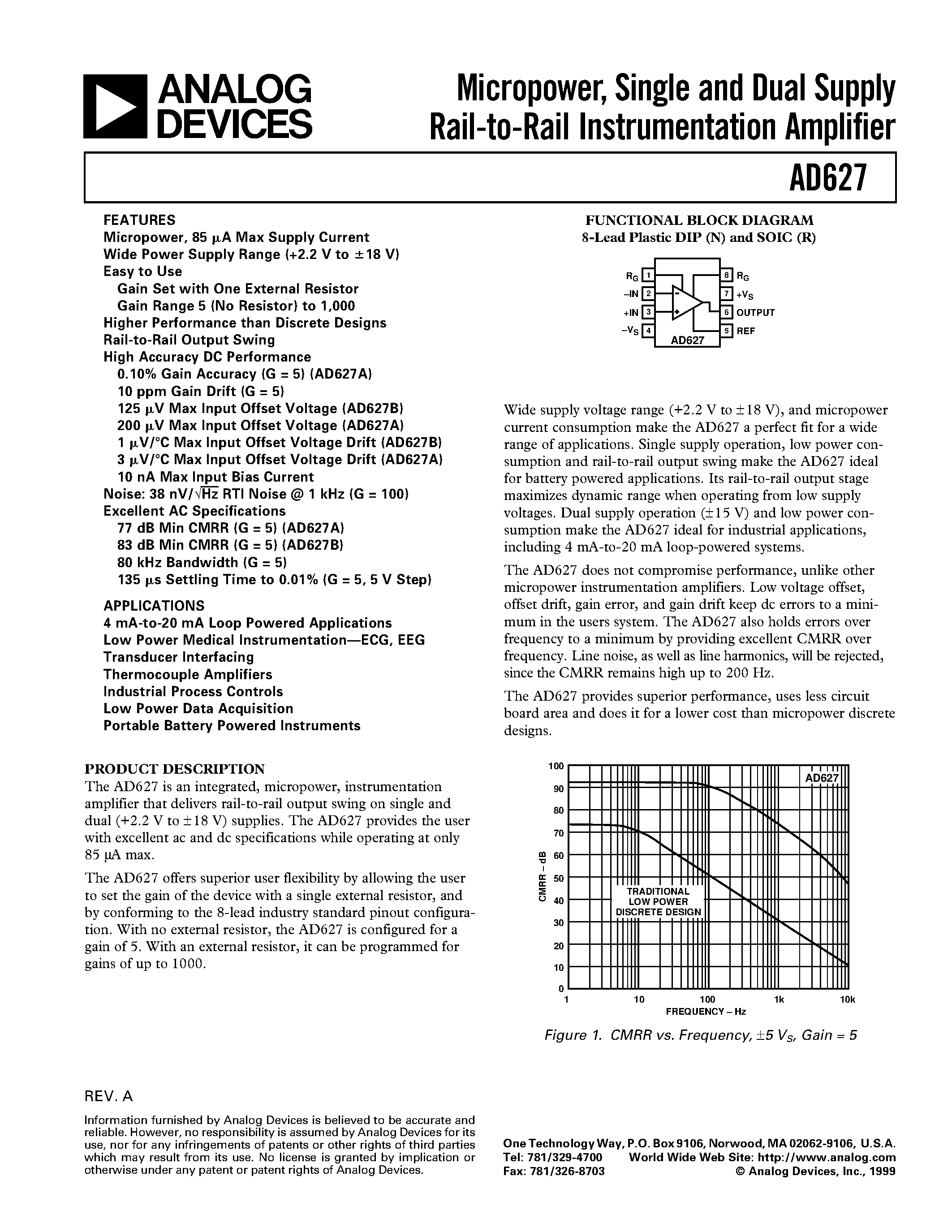Datasheet AD627BR-REEL7 - Micropower/ Single and Dual Supply Rail-to-Rail Instrumentation Amplifier page 1