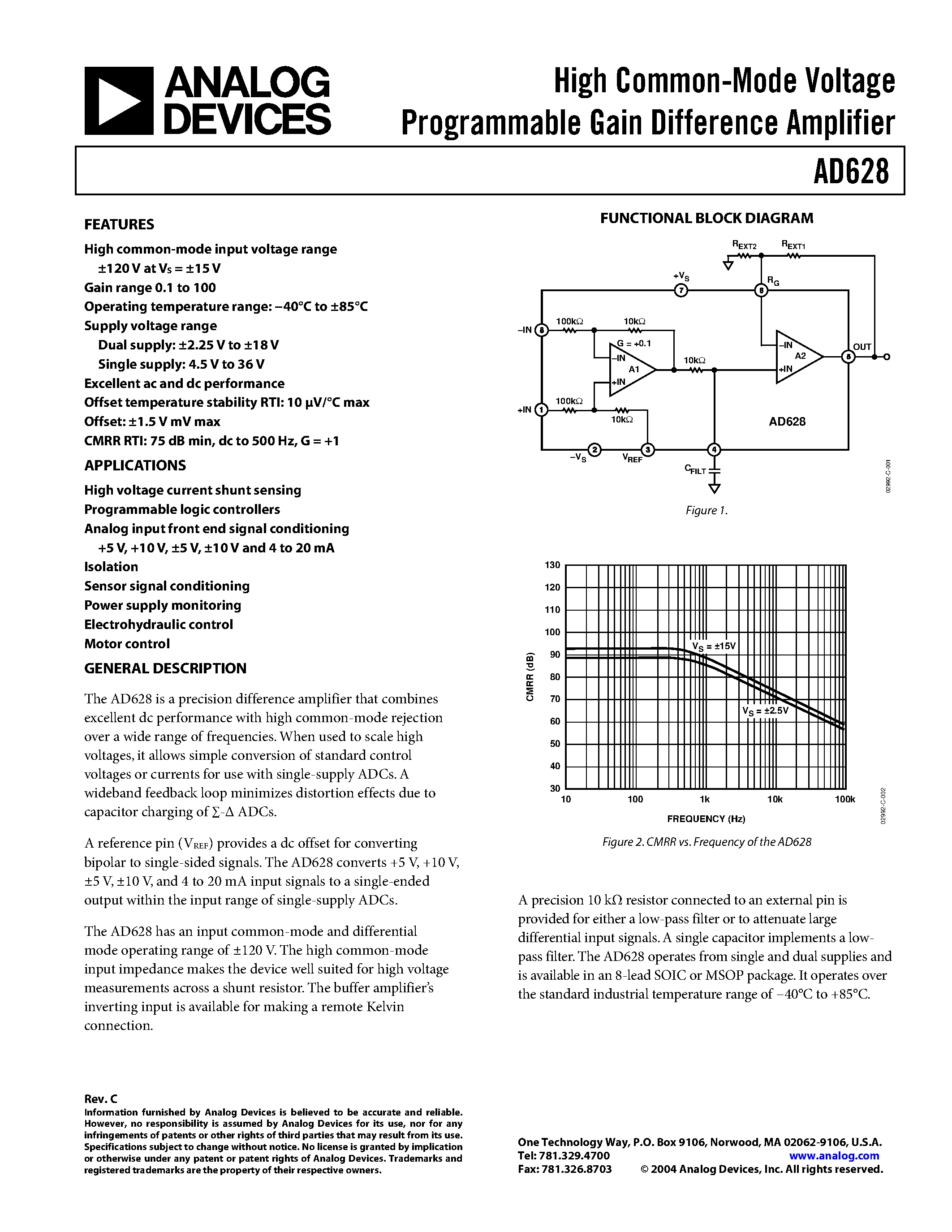 Datasheet AD628AR-REEL7 - High Common-Mode Voltage Programmable Gain Difference Amplifier page 1