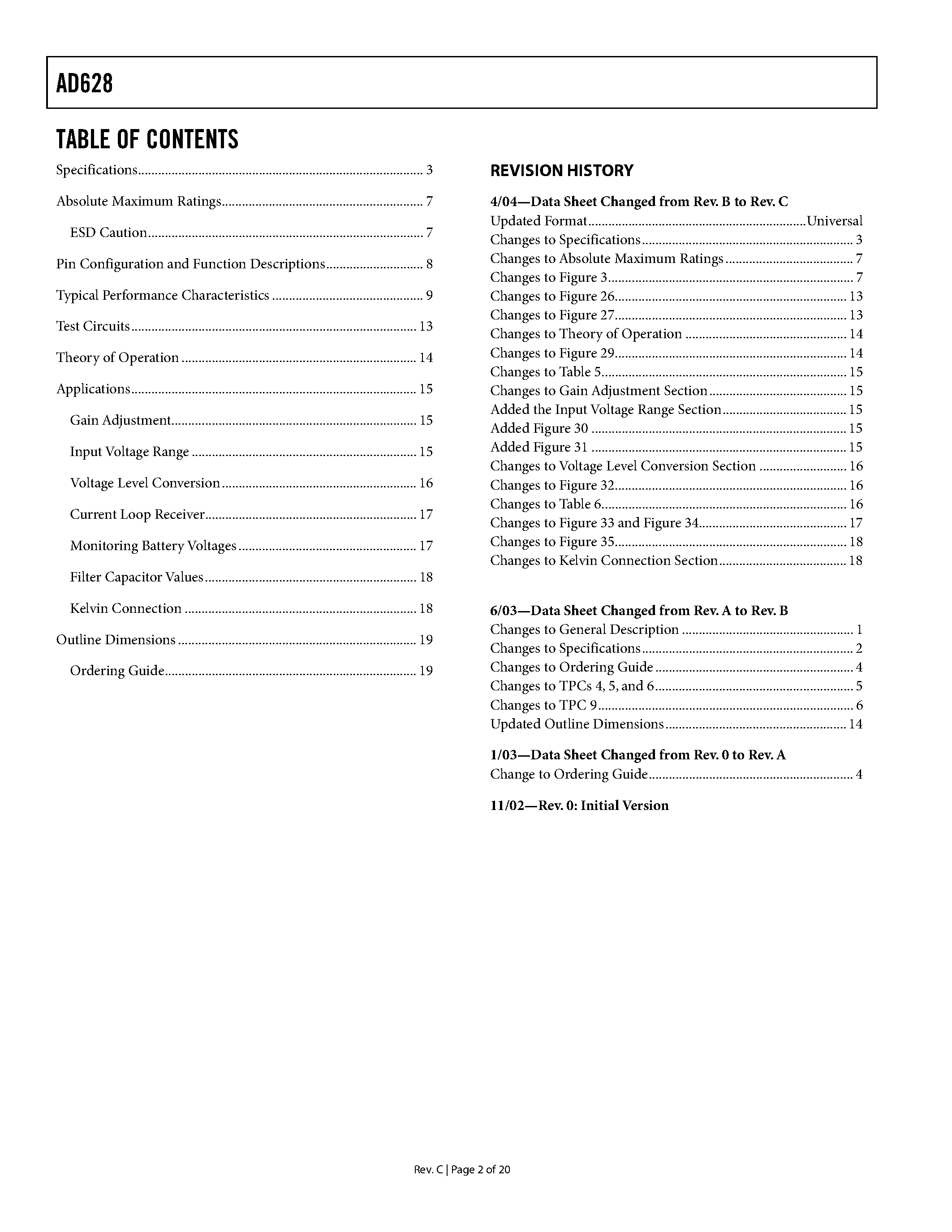 Datasheet AD628ARM - High Common-Mode Voltage Programmable Gain Difference Amplifier page 2