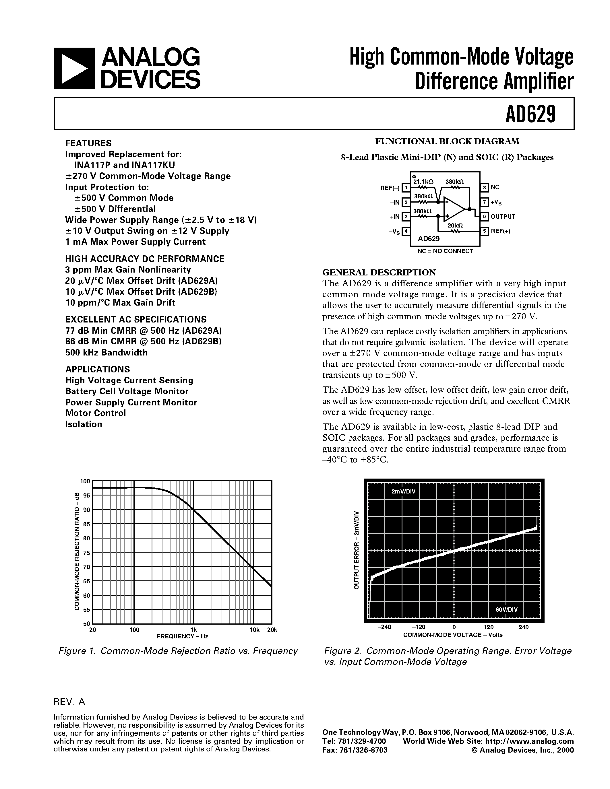 Datasheet AD629BR-REEL - High Common-Mode Voltage Difference Amplifier page 1
