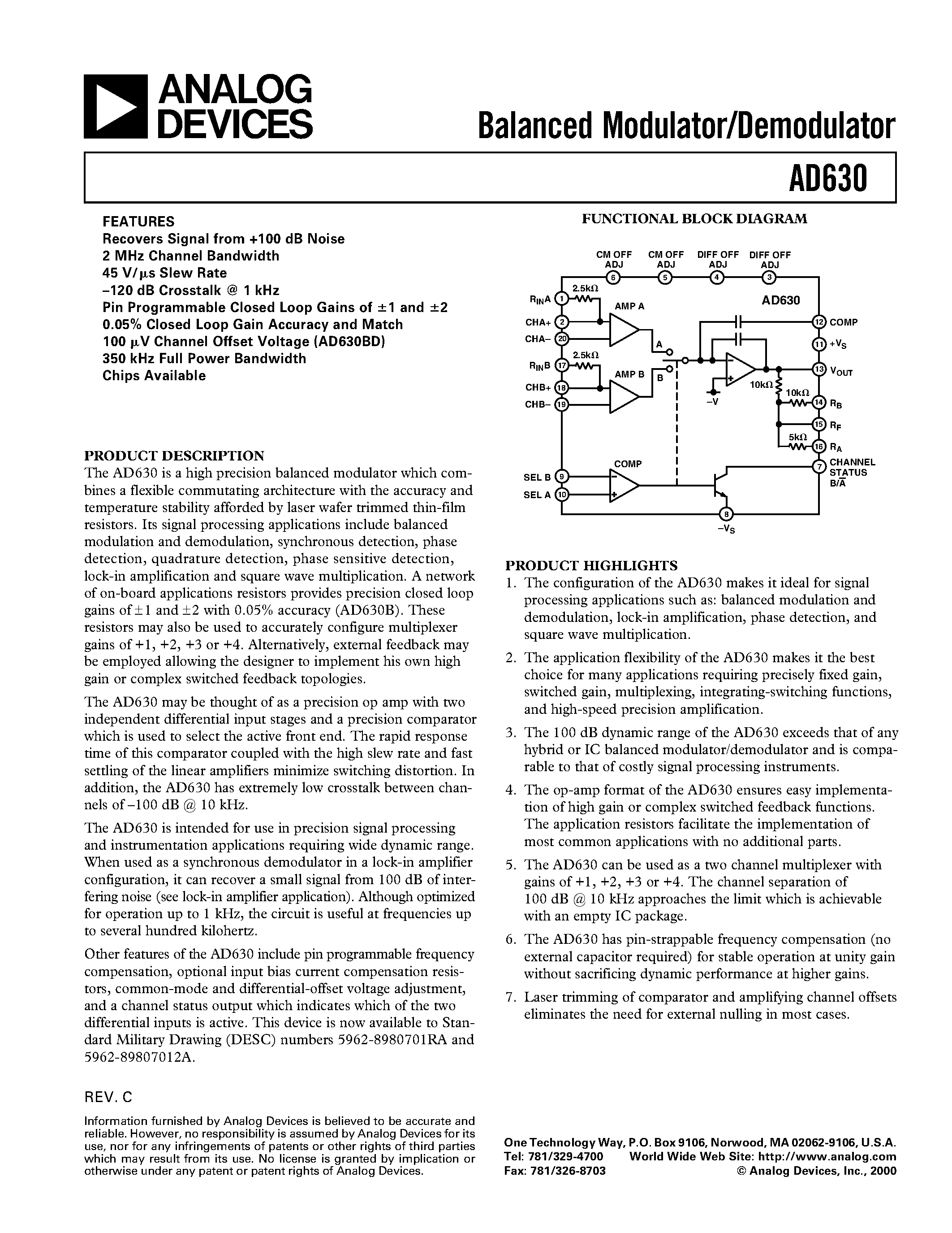 Datasheet AD630SCHIPS - Balanced Modulator/Demodulator page 1