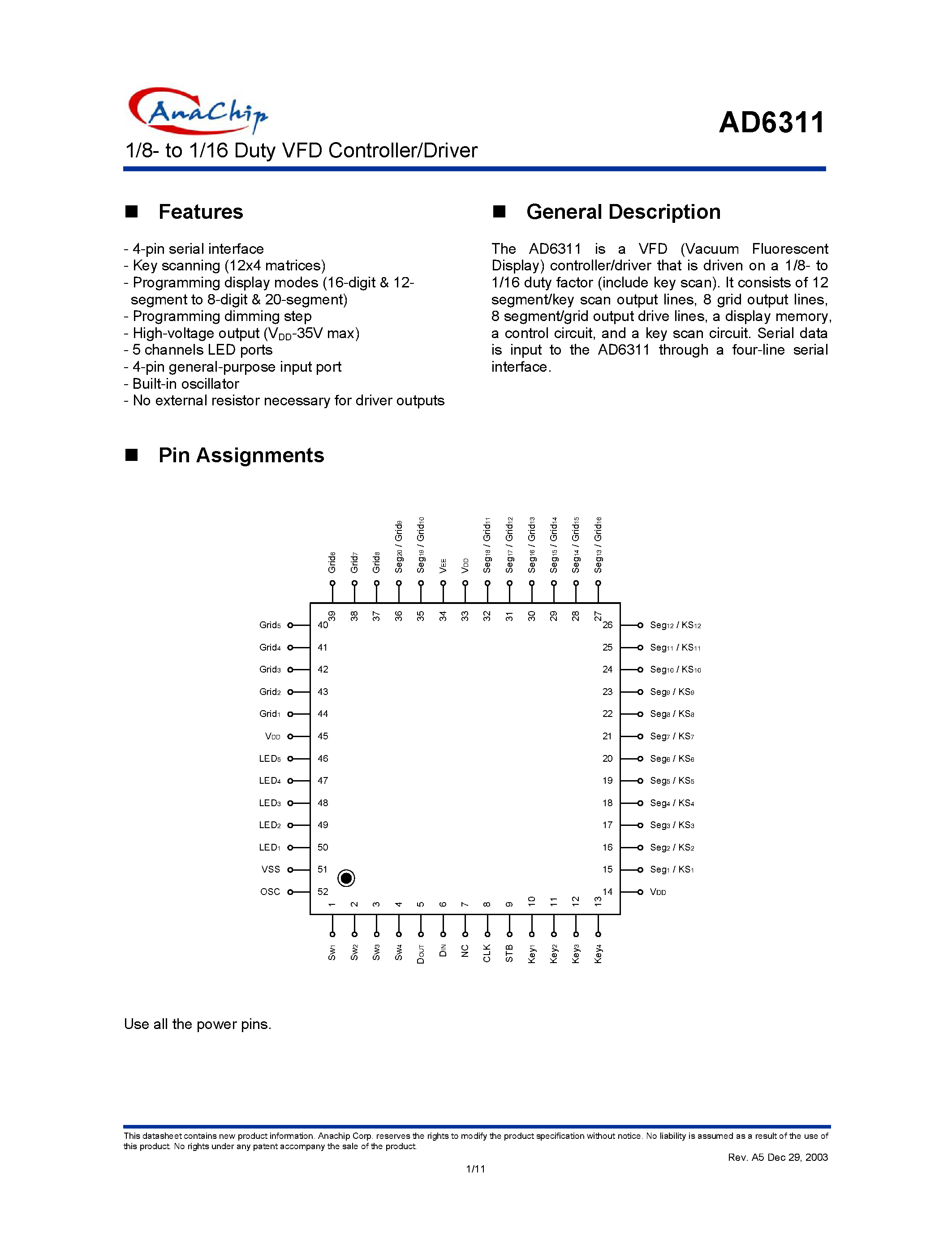 Datasheet AD6311 page 1 Datasheet AD6311 - 1/8- to 1/16 Duty VFD Controller/Driver page 1