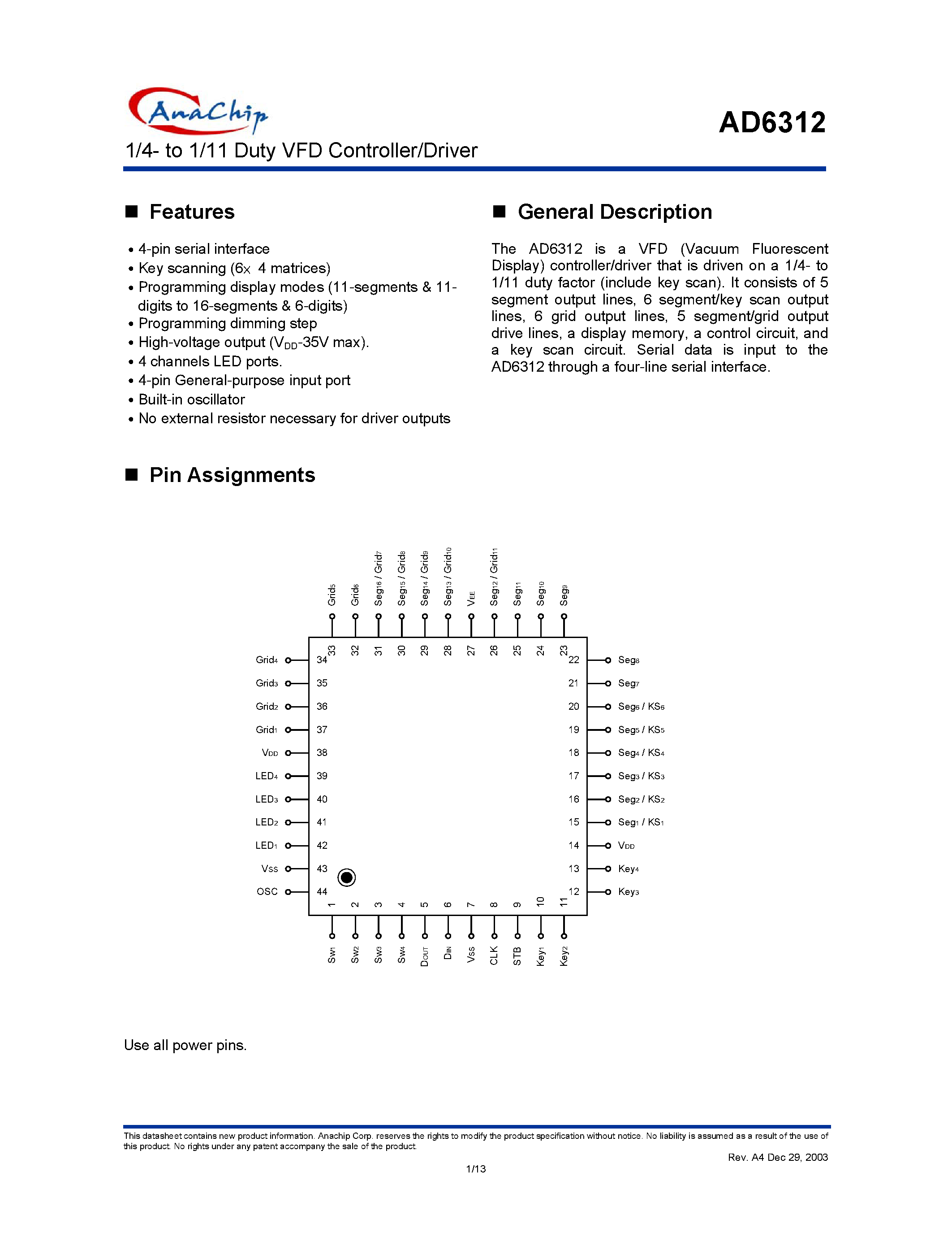 Datasheet AD6312QF - 1/4- to 1/11 Duty VFD Controller/Driver page 1