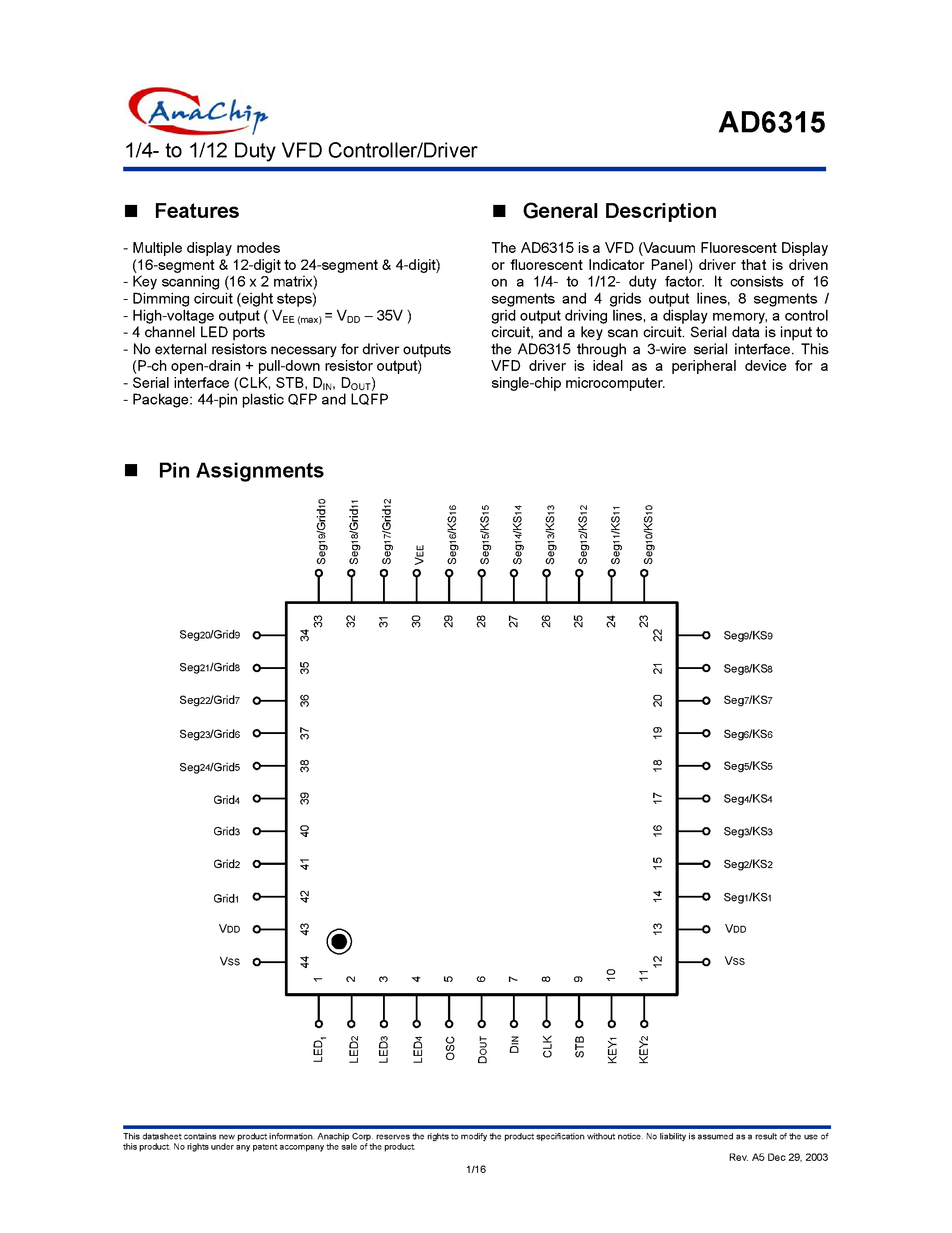 Datasheet AD6315L - 1/4- to 1/12 Duty VFD Controller/Driver page 1
