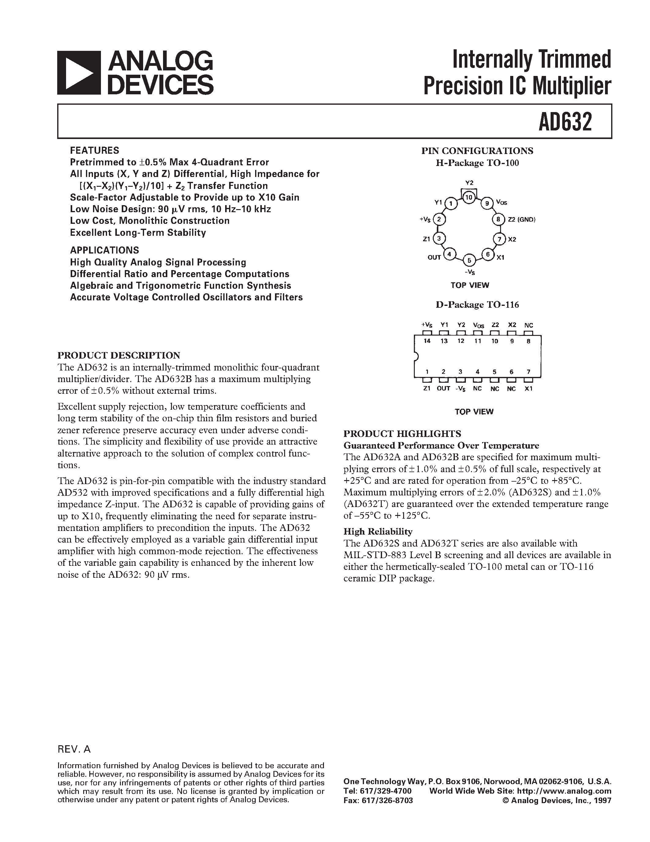Datasheet AD632T - Internally Trimmed Precision IC Multiplier page 1