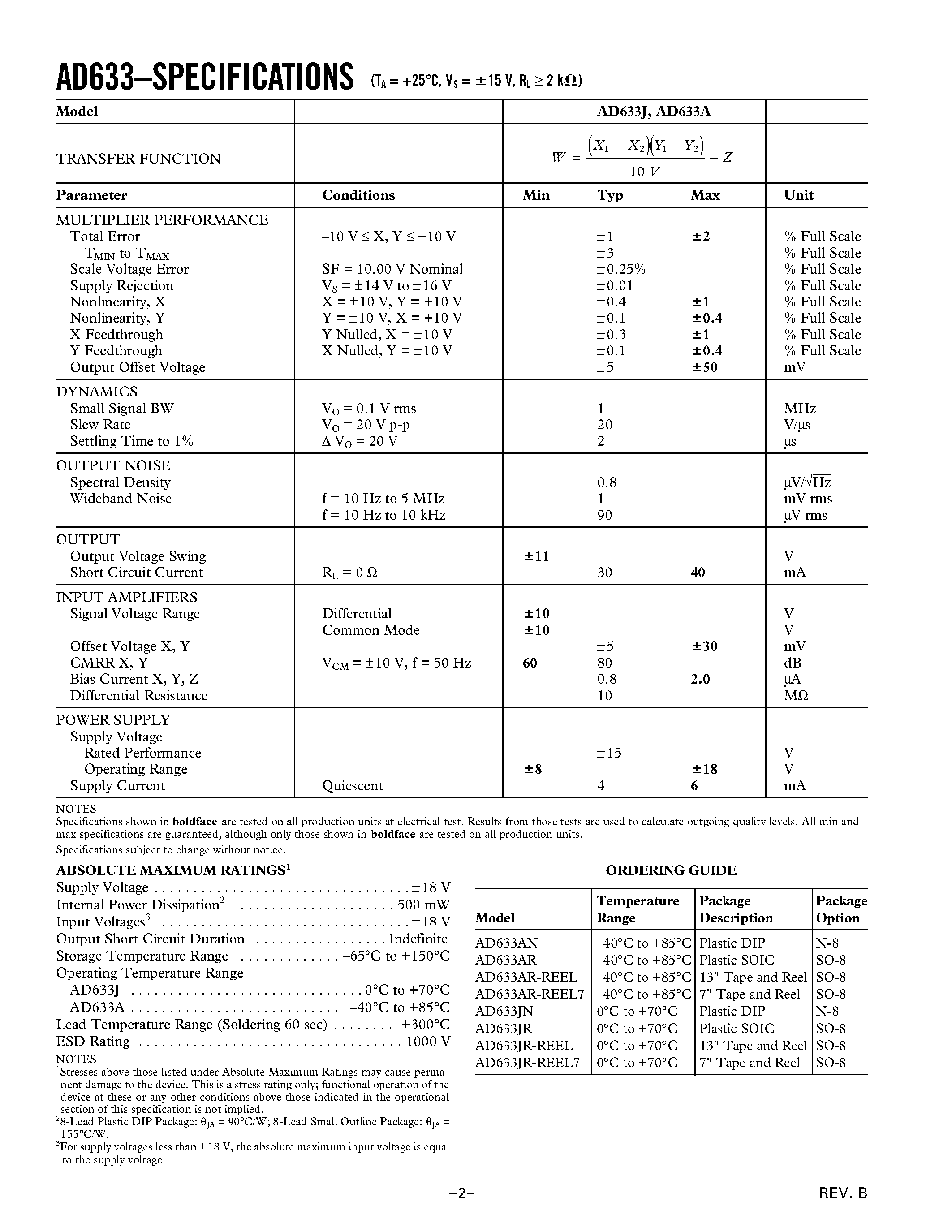 Datasheet AD633AR-REEL7 - Low Cost Analog Multiplier page 2