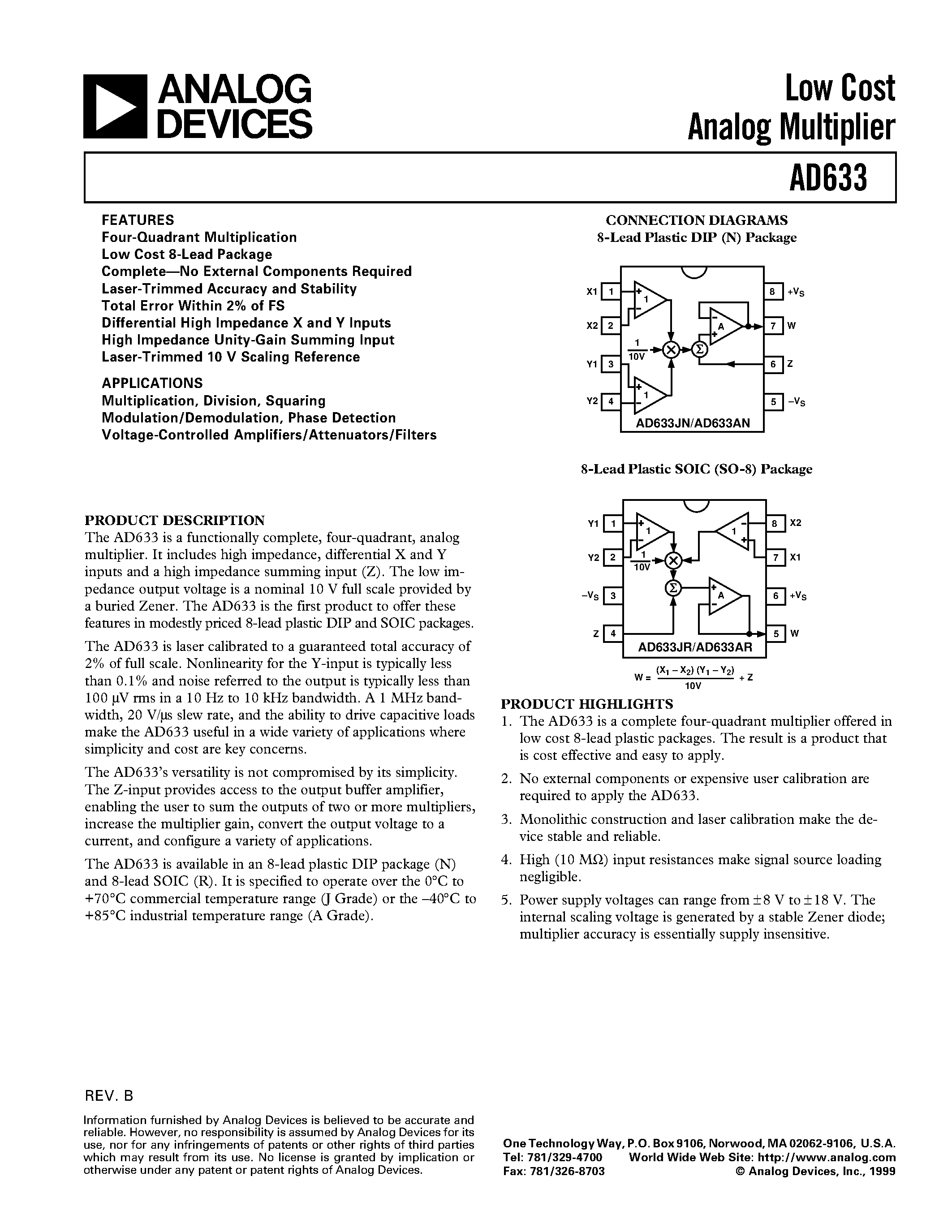 Datasheet AD633JR-REEL - Low Cost Analog Multiplier page 1