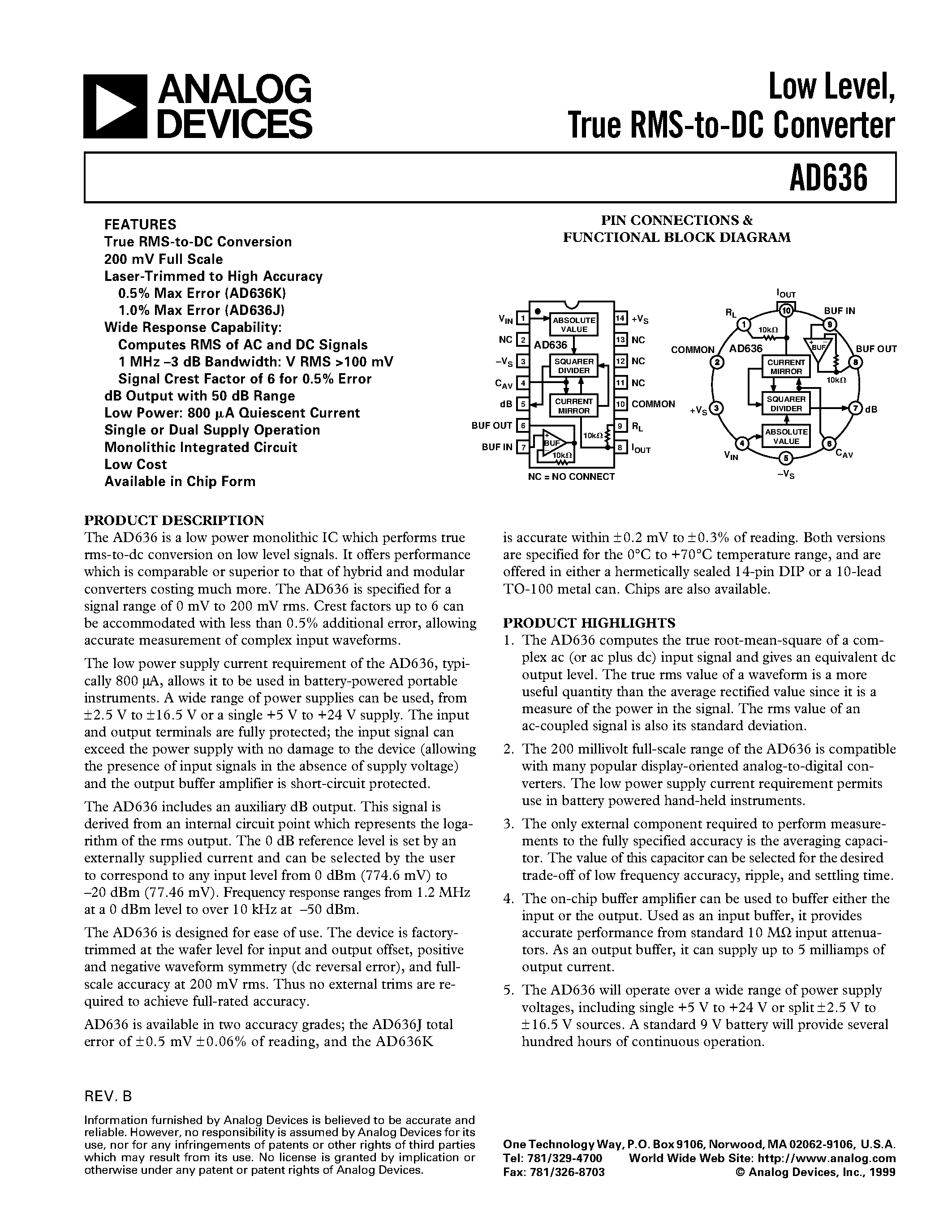 Datasheet AD636JH page 1 Datasheet AD636JH - Low Level/ True RMS-to-DC Converter page 1