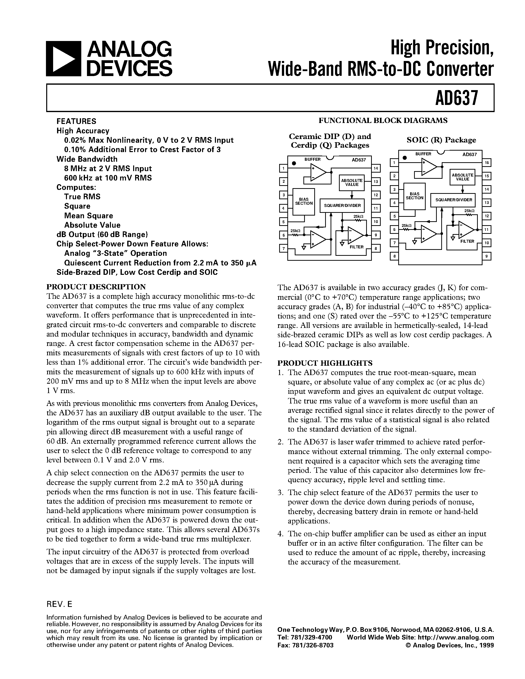 Datasheet AD637BQ - High Precision/ Wide-Band RMS-to-DC Converter page 1