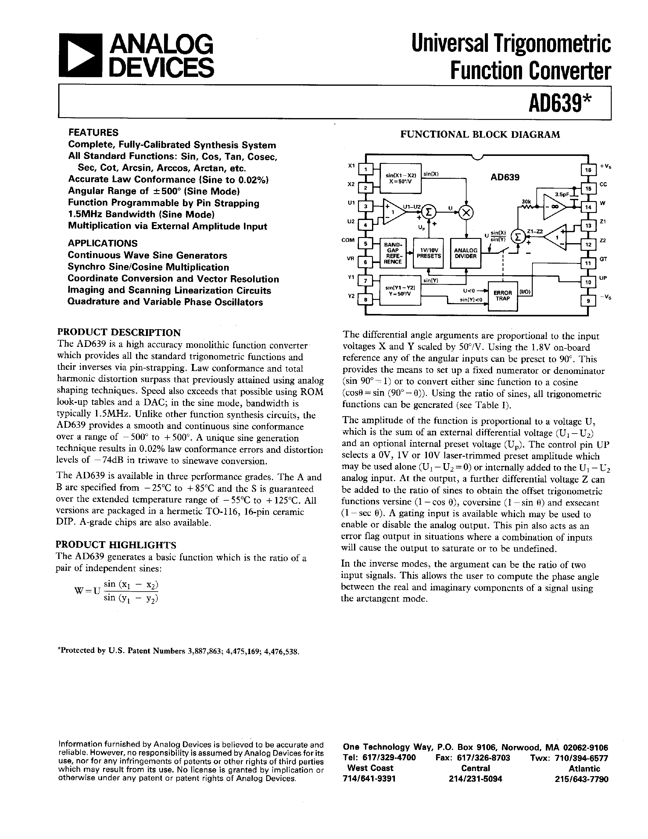 Datasheet AD639 - UNIVERSAL TRIGONOMETRIC FUNCTION CONVERTER page 1