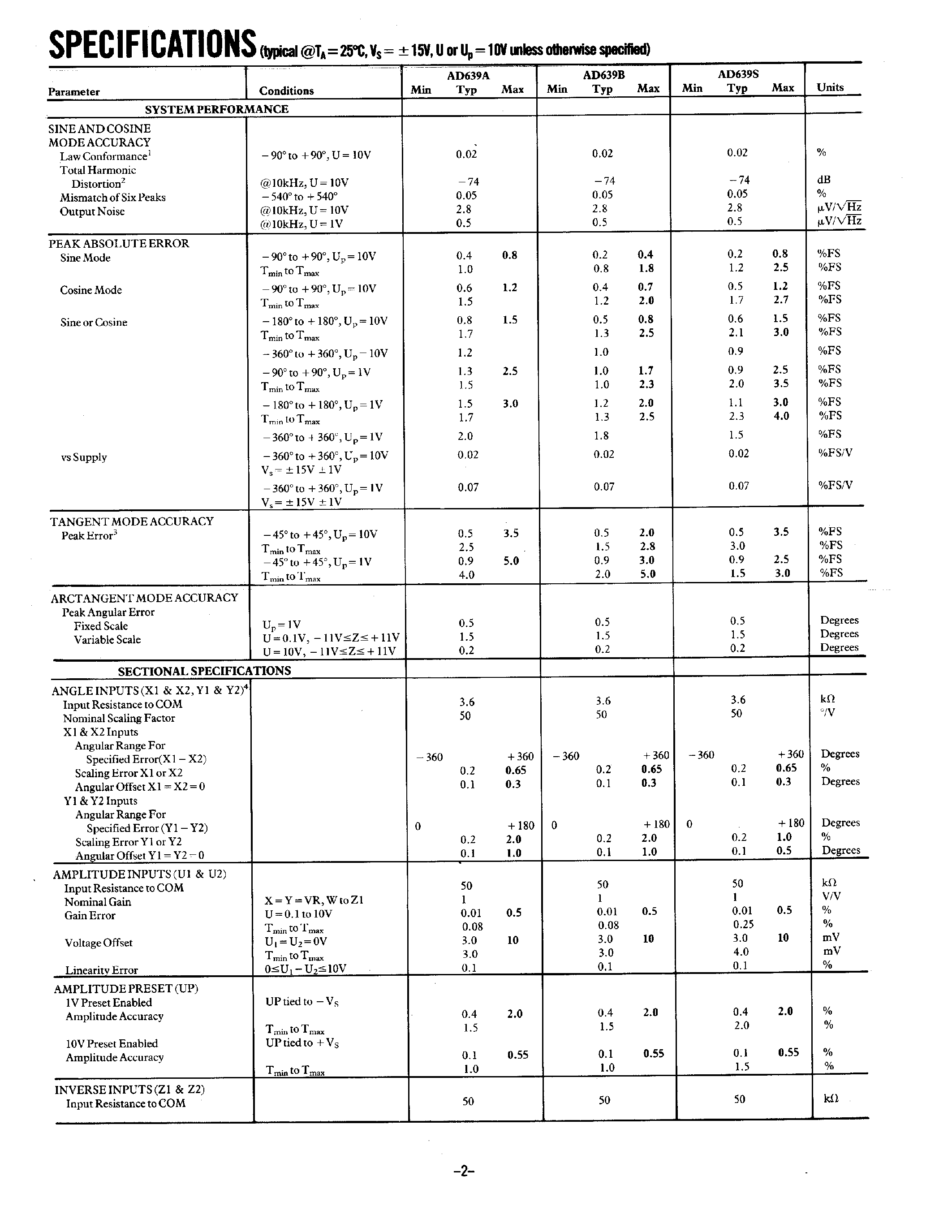 Datasheet AD639 - UNIVERSAL TRIGONOMETRIC FUNCTION CONVERTER page 2