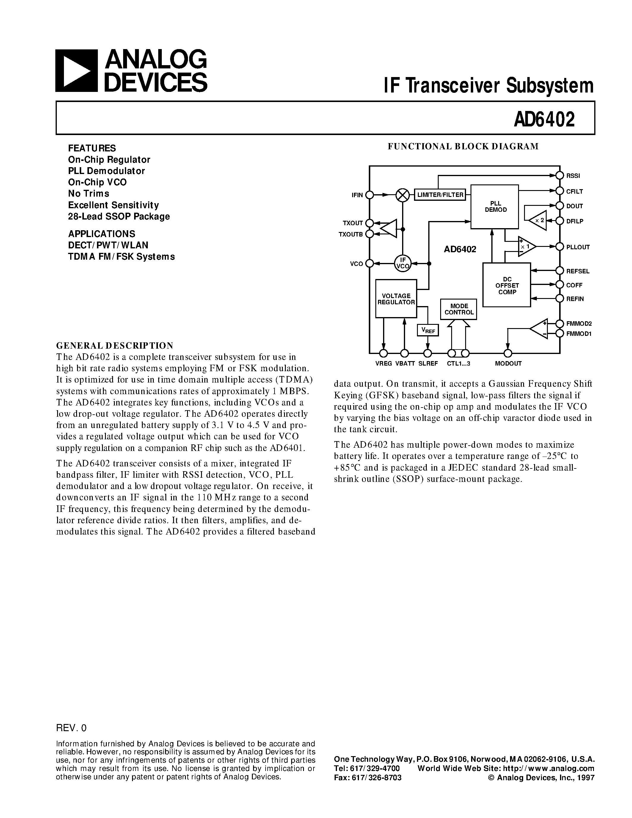 Datasheet AD6402ARS-REEL - IF Transceiver Subsystem page 1