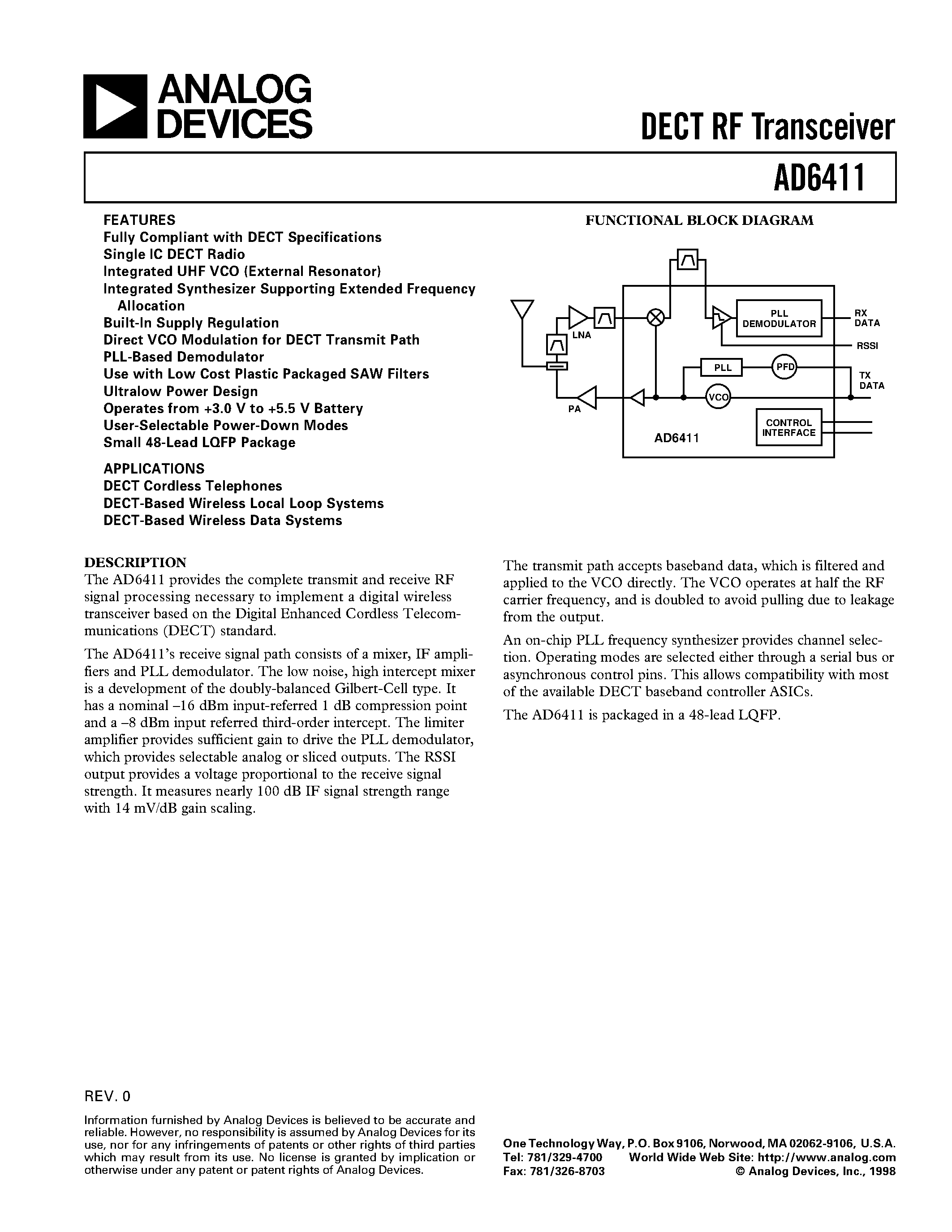 Даташит на микросхему AD6411AST страница 1 Даташит AD6411AST - DECT RF Transceiver страница 1