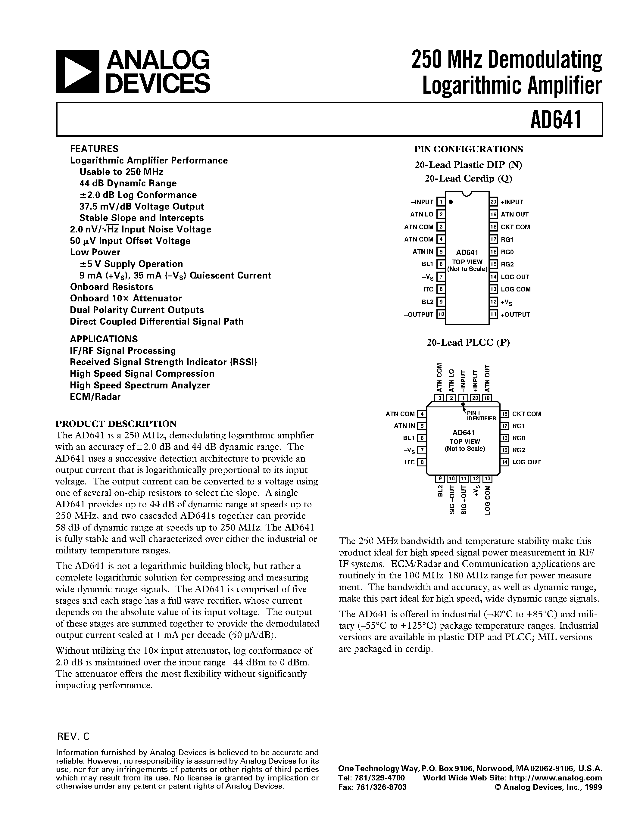 Datasheet AD641AP - 250 MHz Demodulating Logarithmic Amplifier page 1