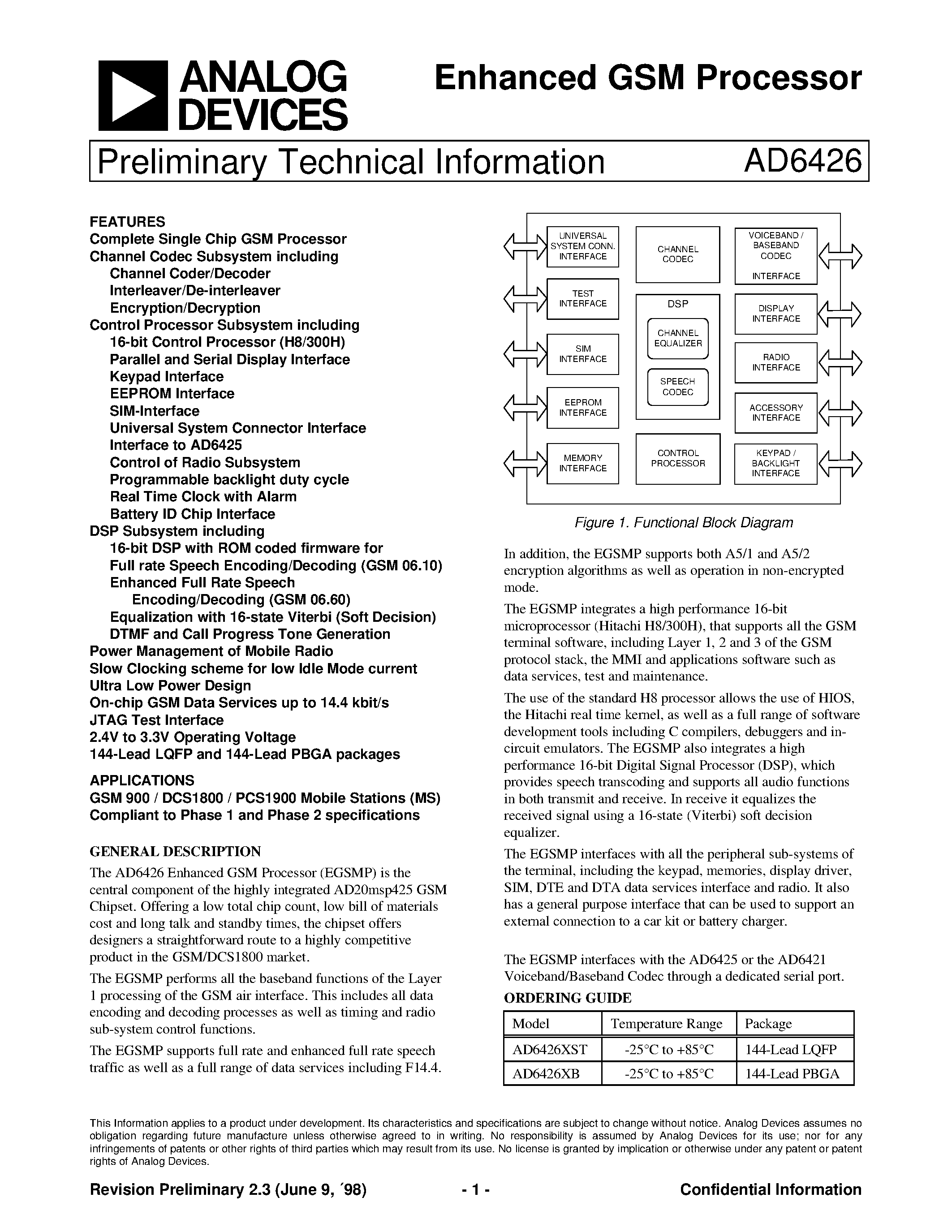 Datasheet AD6426XST page 1 Datasheet AD6426XST - Enhanced GSM Processor page 1