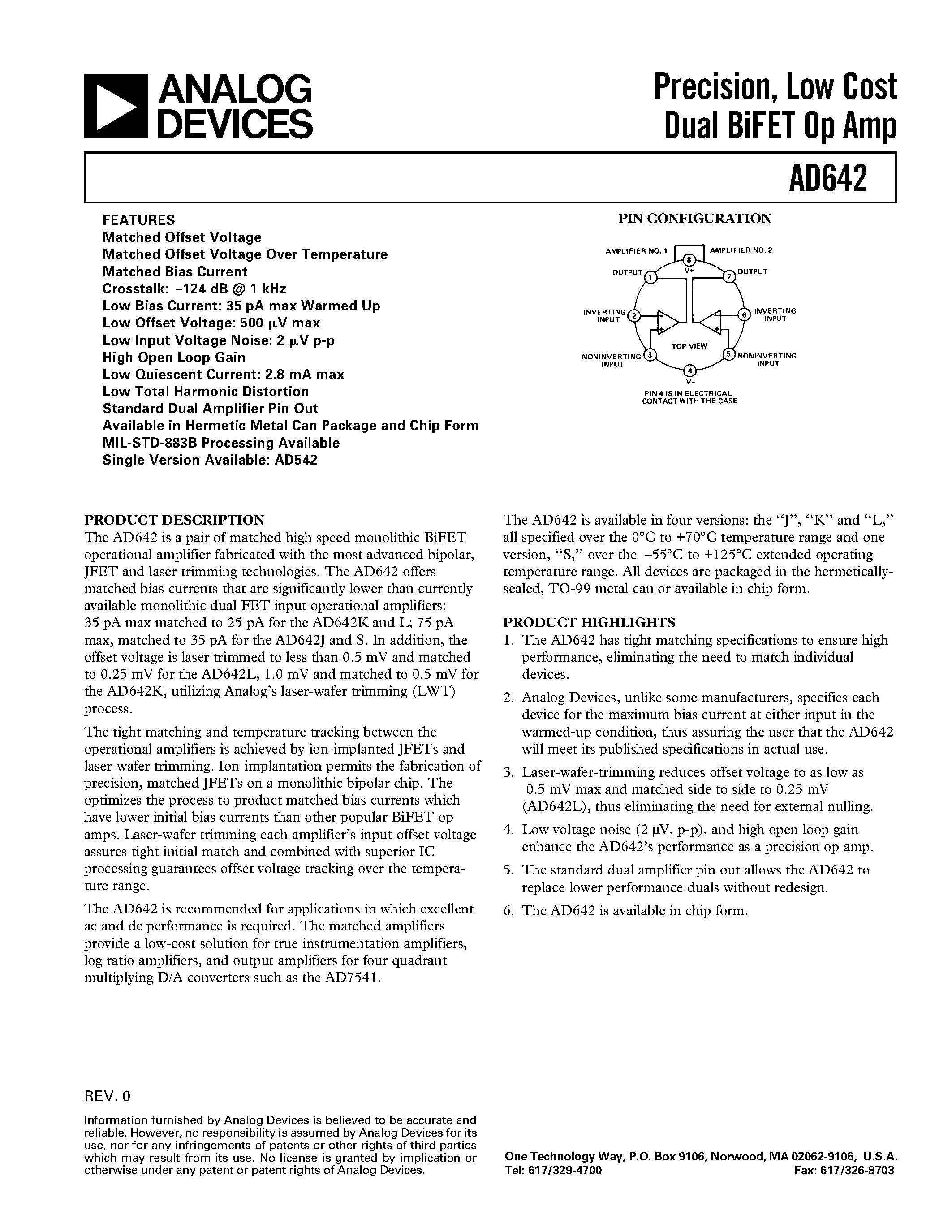 Datasheet AD642L - Precision/ Low Cost Dual BiFET Op Amp page 1