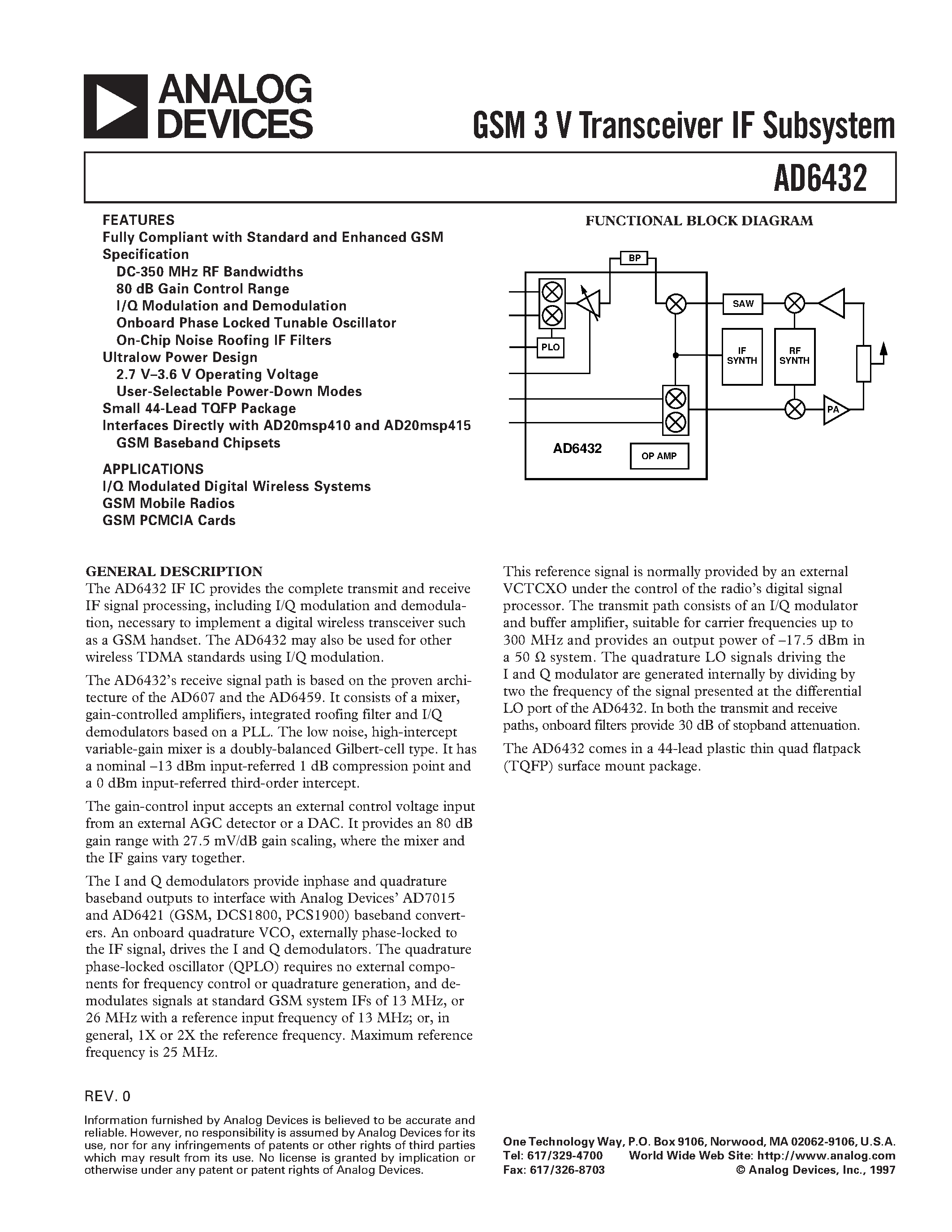 Datasheet AD6432 - GSM 3 V Transceiver IF Subsystem page 1