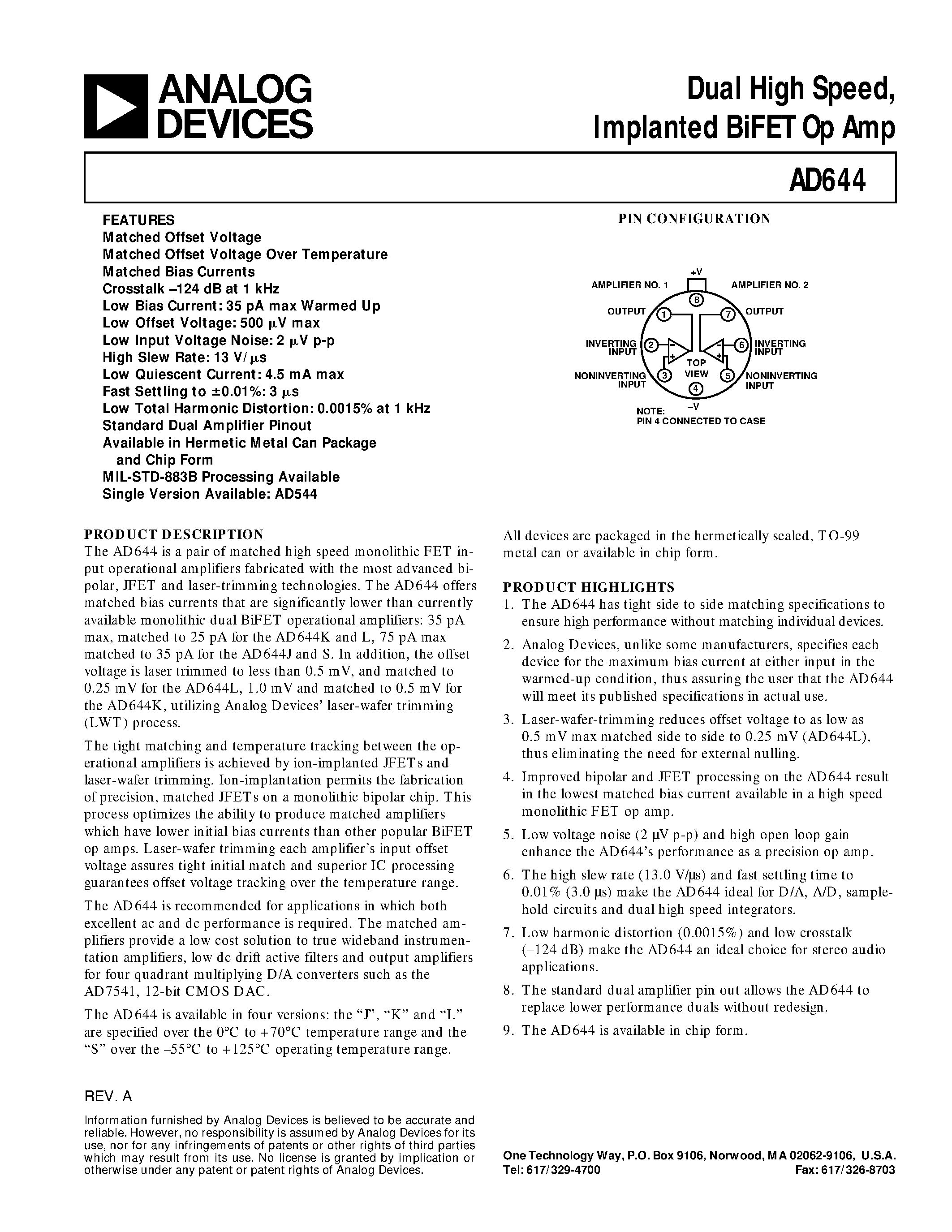 Datasheet AD644L page 1 Datasheet AD644L - Dual High Speed/ Implanted BiFET Op Amp page 1